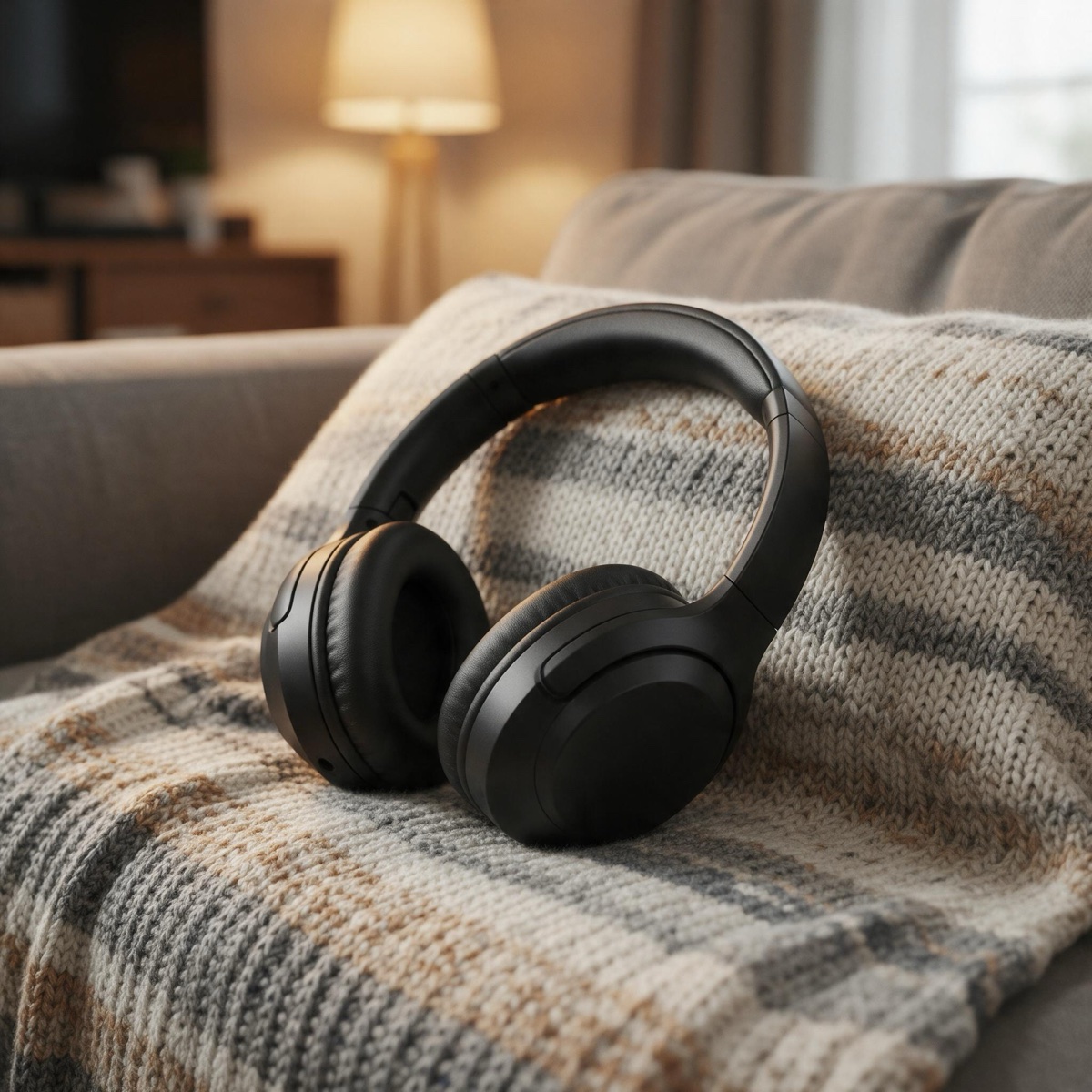 AI-generated photo of black over-ear headphones resting on a sofa cushion