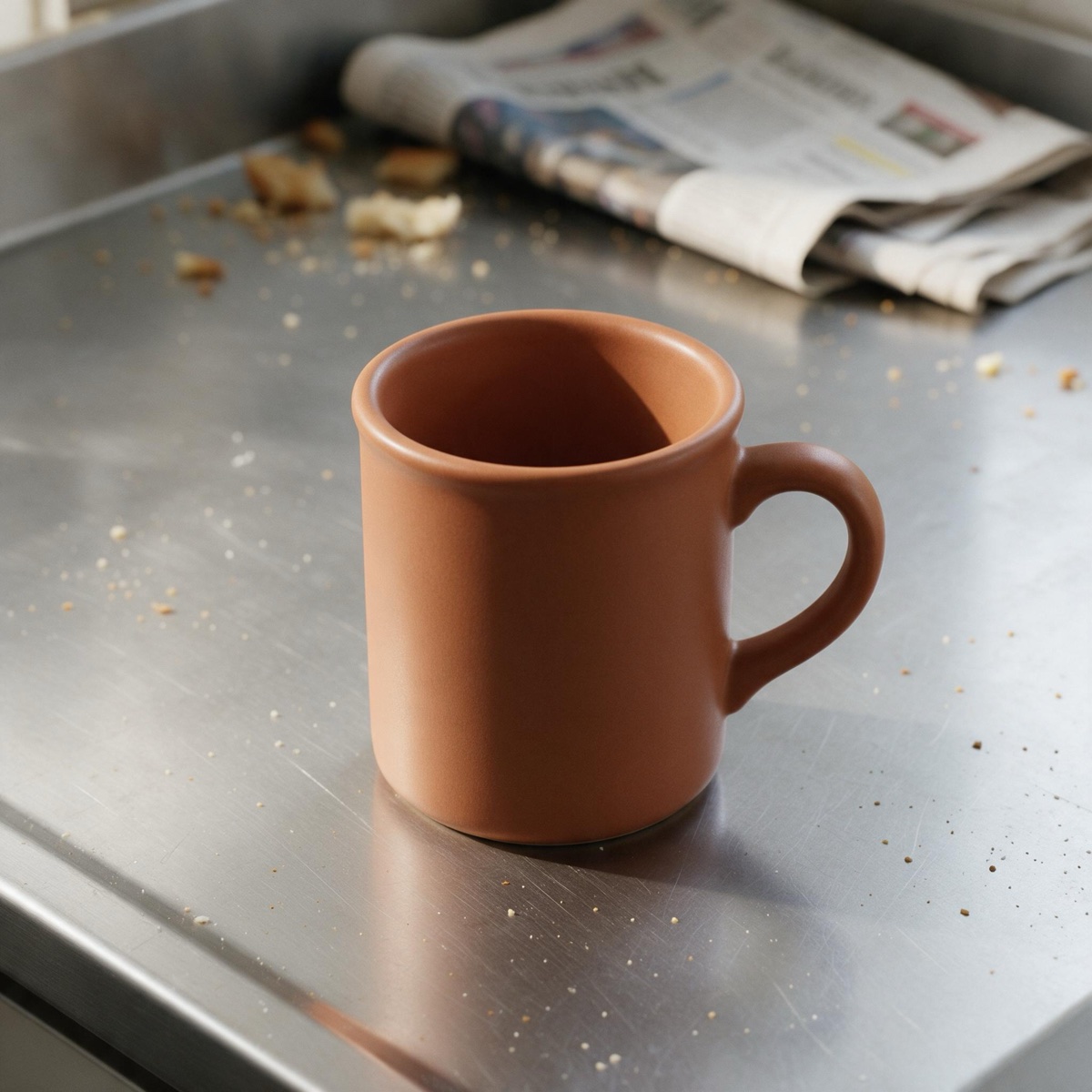 AI-generated photo of a terracotta ceramic mug on a cluttered steel kitchen counter