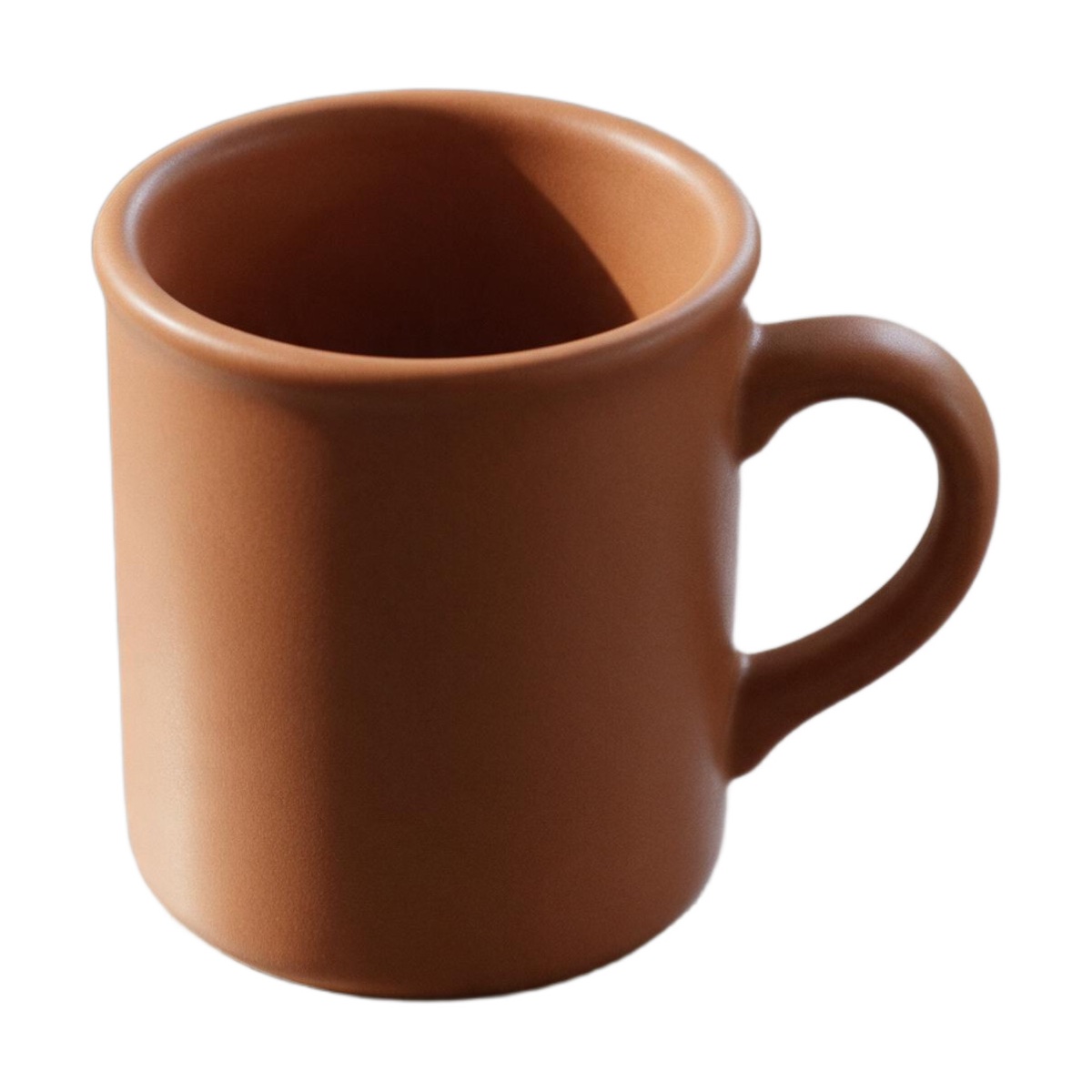 AI-edited terracotta mug centred on a pure white square background
