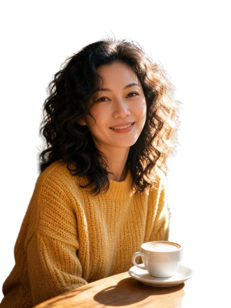 AI-edited cut-out of the synthetic portrait, with her coffee cup, on a transparent background