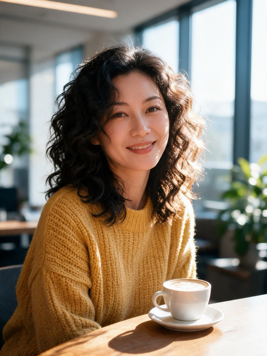 AI-edited synthetic portrait placed in a bright modern office with plants