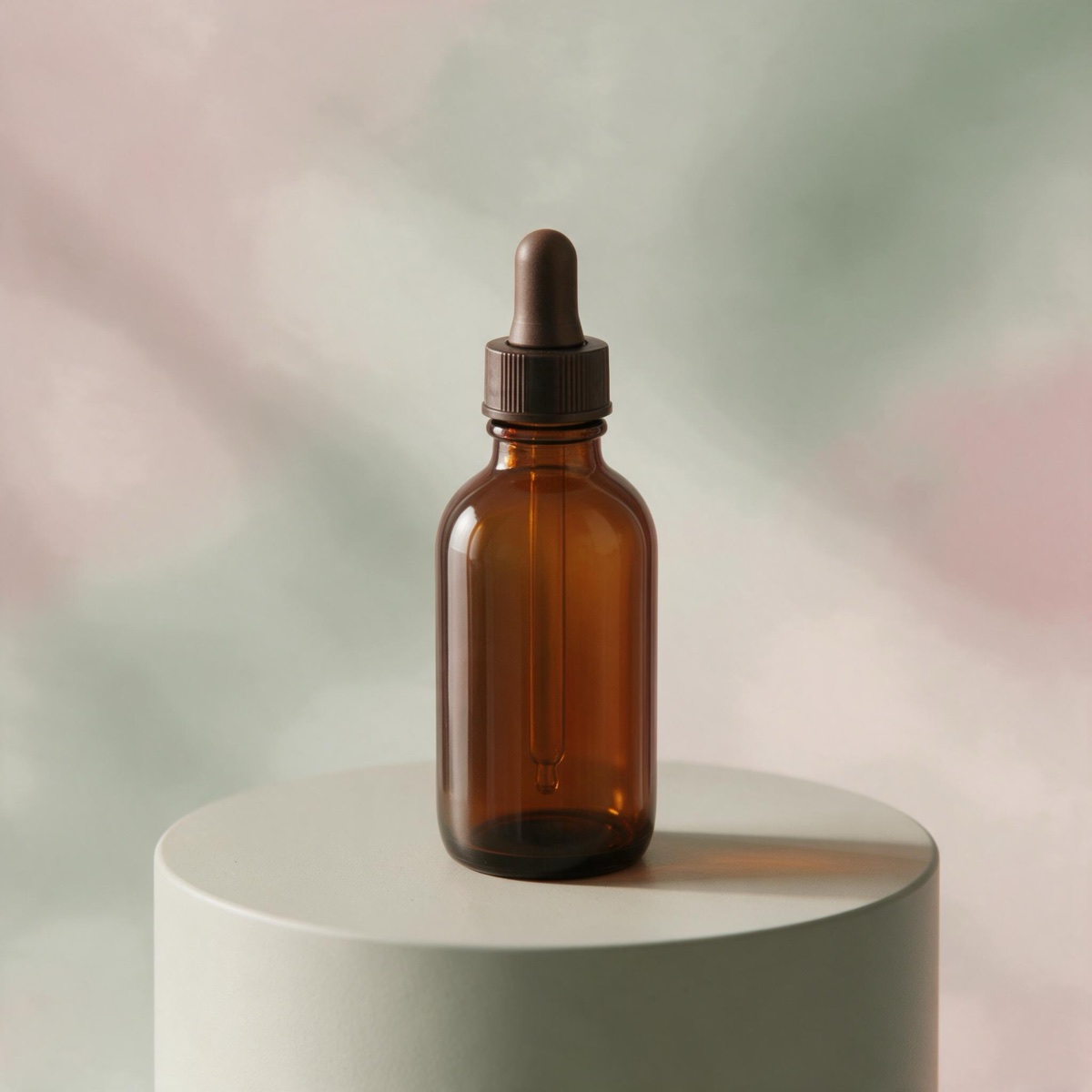 AI-edited amber dropper bottle standing on a pastel podium