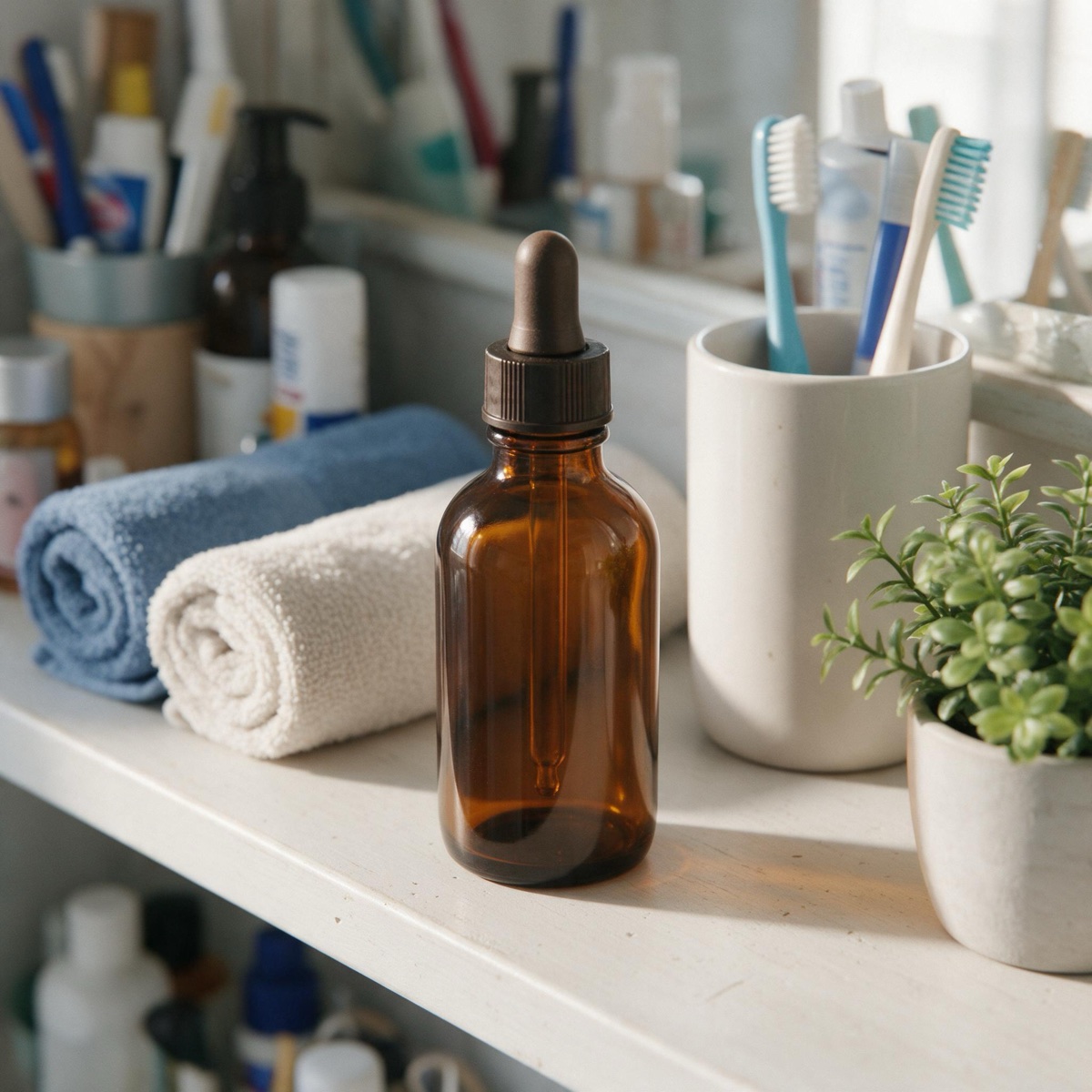 AI-generated photo of an amber dropper bottle on a crowded bathroom shelf