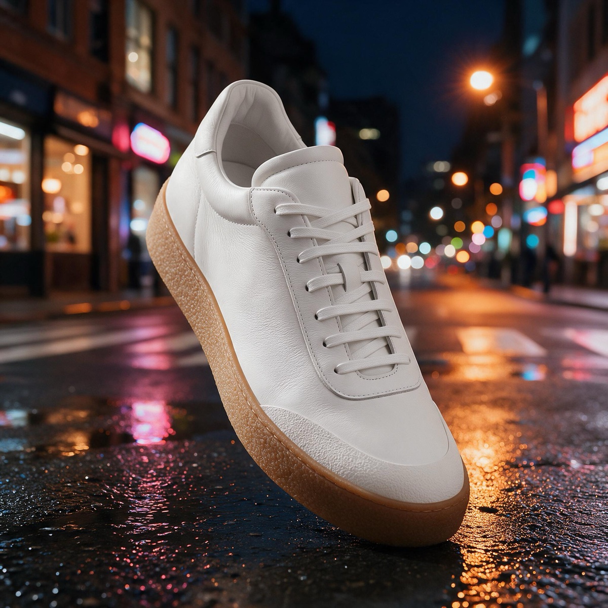AI-edited white sneaker placed on a wet city street at night with neon bokeh