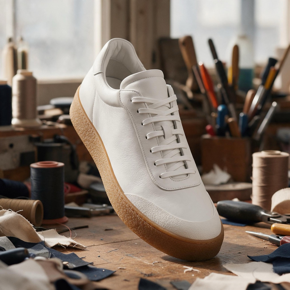 AI-generated photo of a white leather sneaker on a cluttered wooden workbench