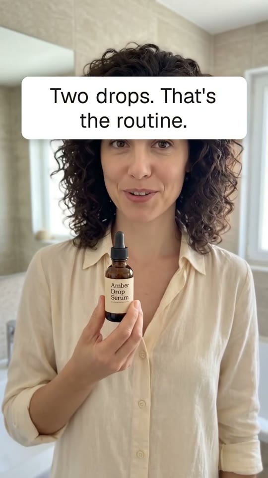 AI-generated presenter ad: a fictional AI presenter in a bathroom holding an amber dropper bottle, talking to camera