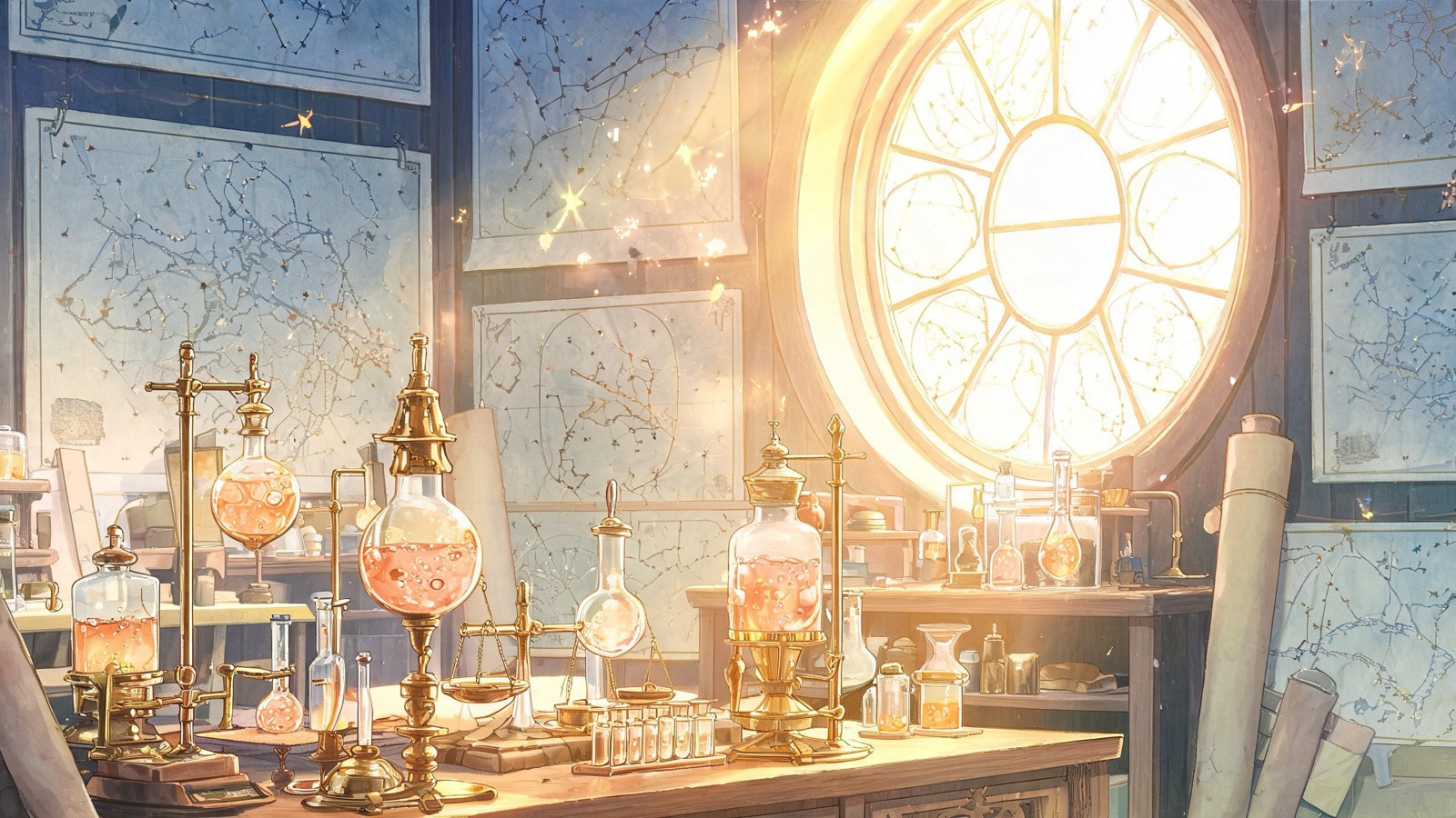 AI-generated painted anime film image: an alchemist's workshop full of brass instruments