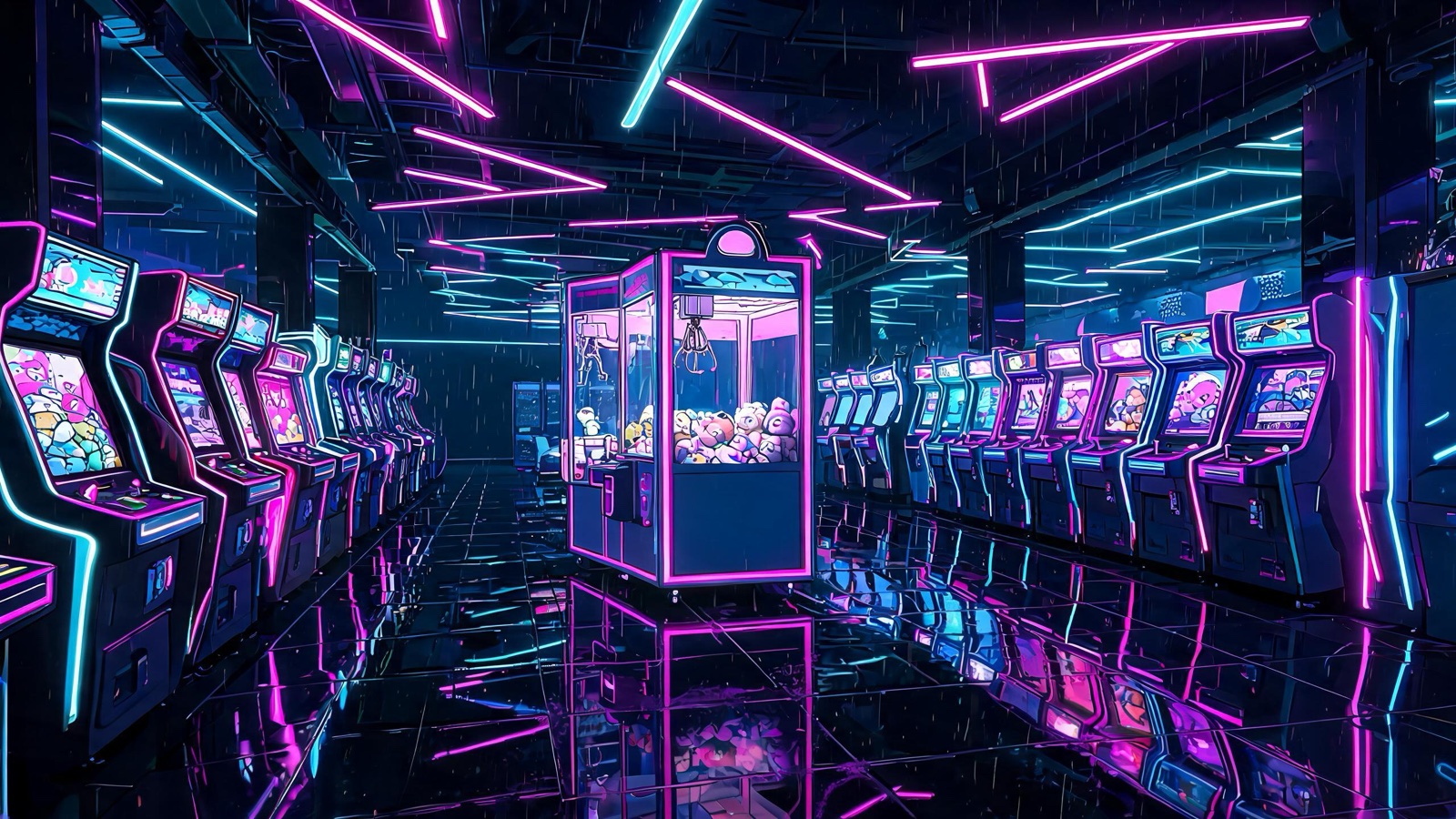 AI-generated cyberpunk anime image: a futuristic arcade at night