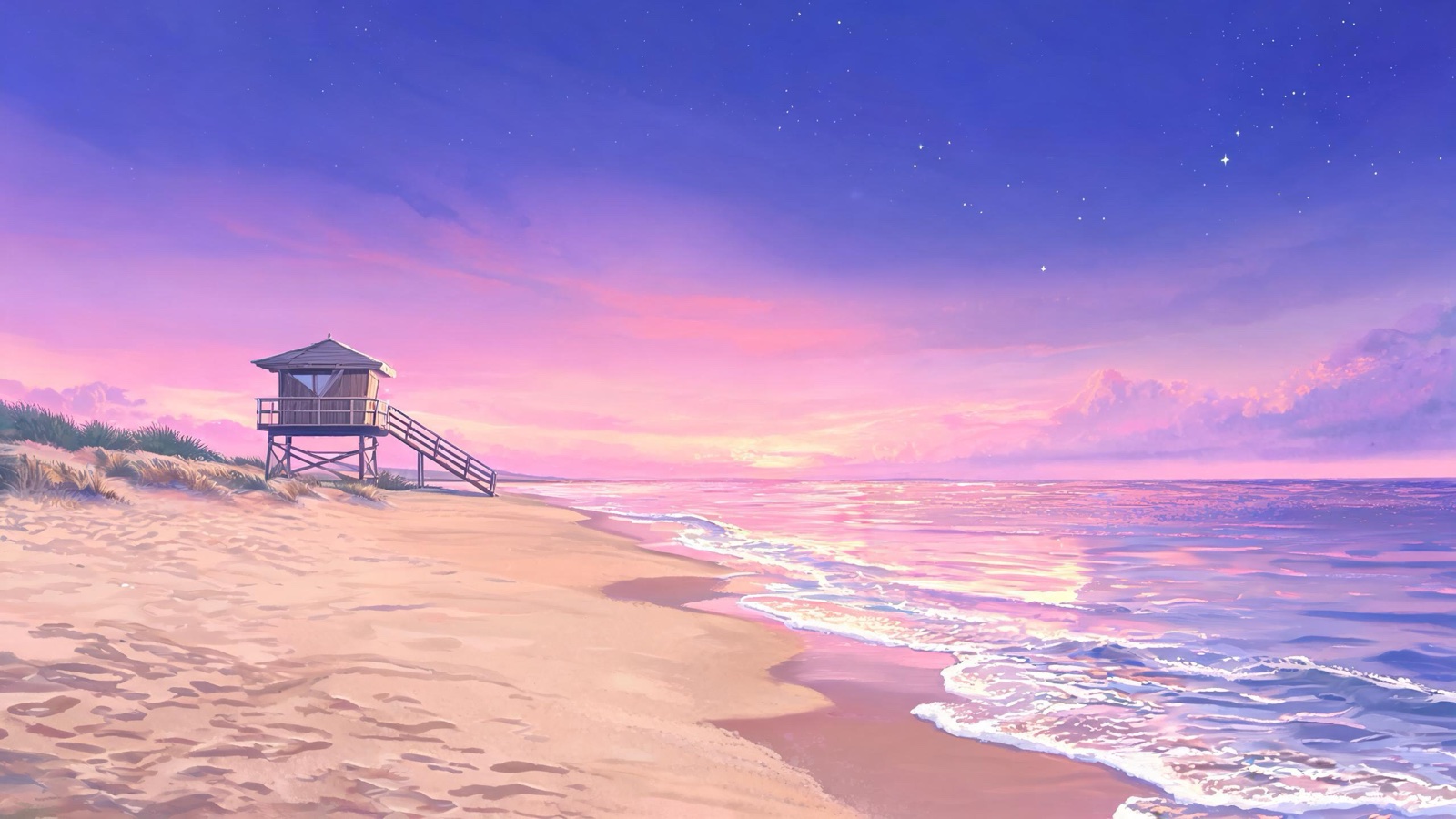 AI-generated anime background art image: a wide sandy beach just after sunset