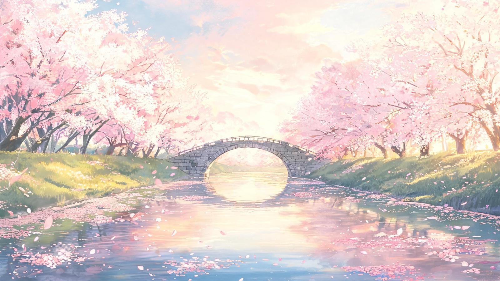 AI-generated painted anime film image: a slow river lined with cherry blossom trees in full bloom