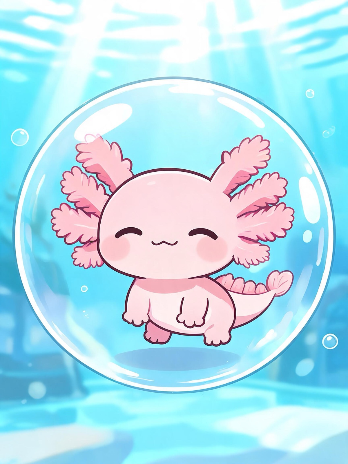 AI-generated chibi image: a chibi pink axolotl with frilly gills smiling in a bubble