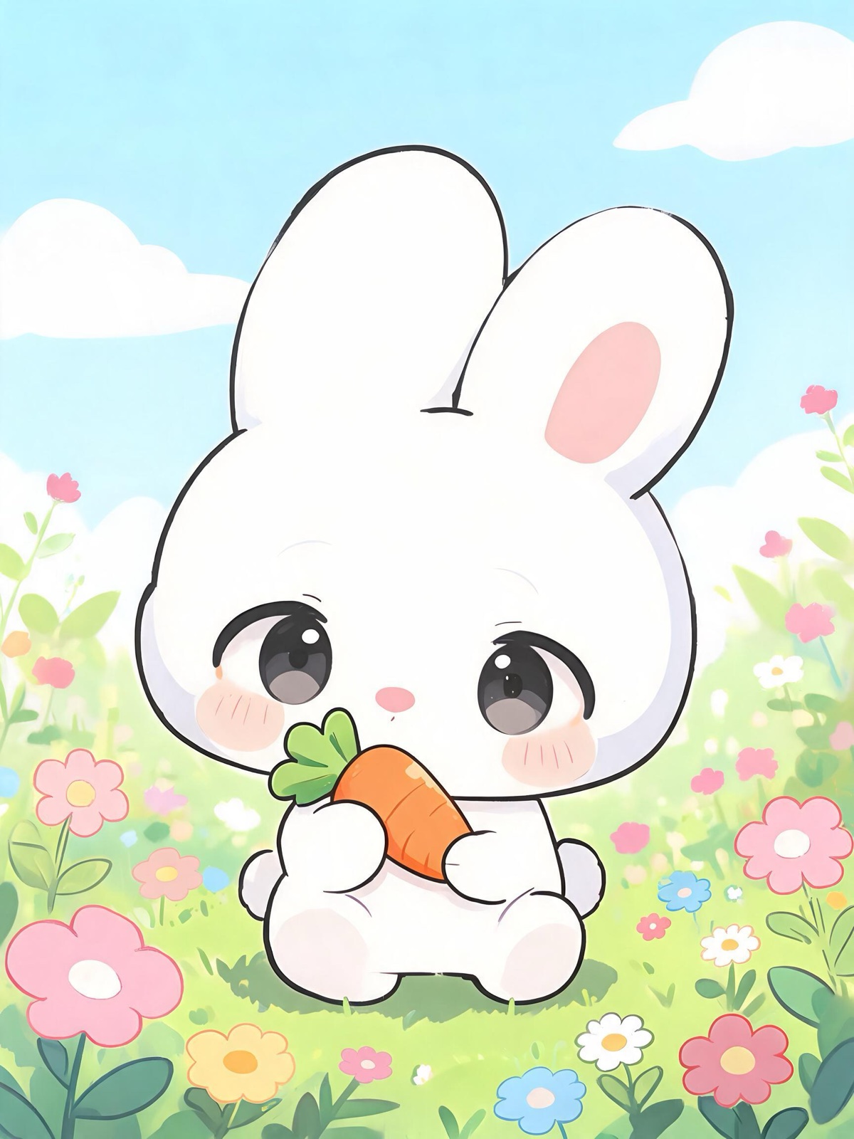 AI-generated chibi image: a chibi white bunny with long floppy ears nibbling a carrot in a flower field