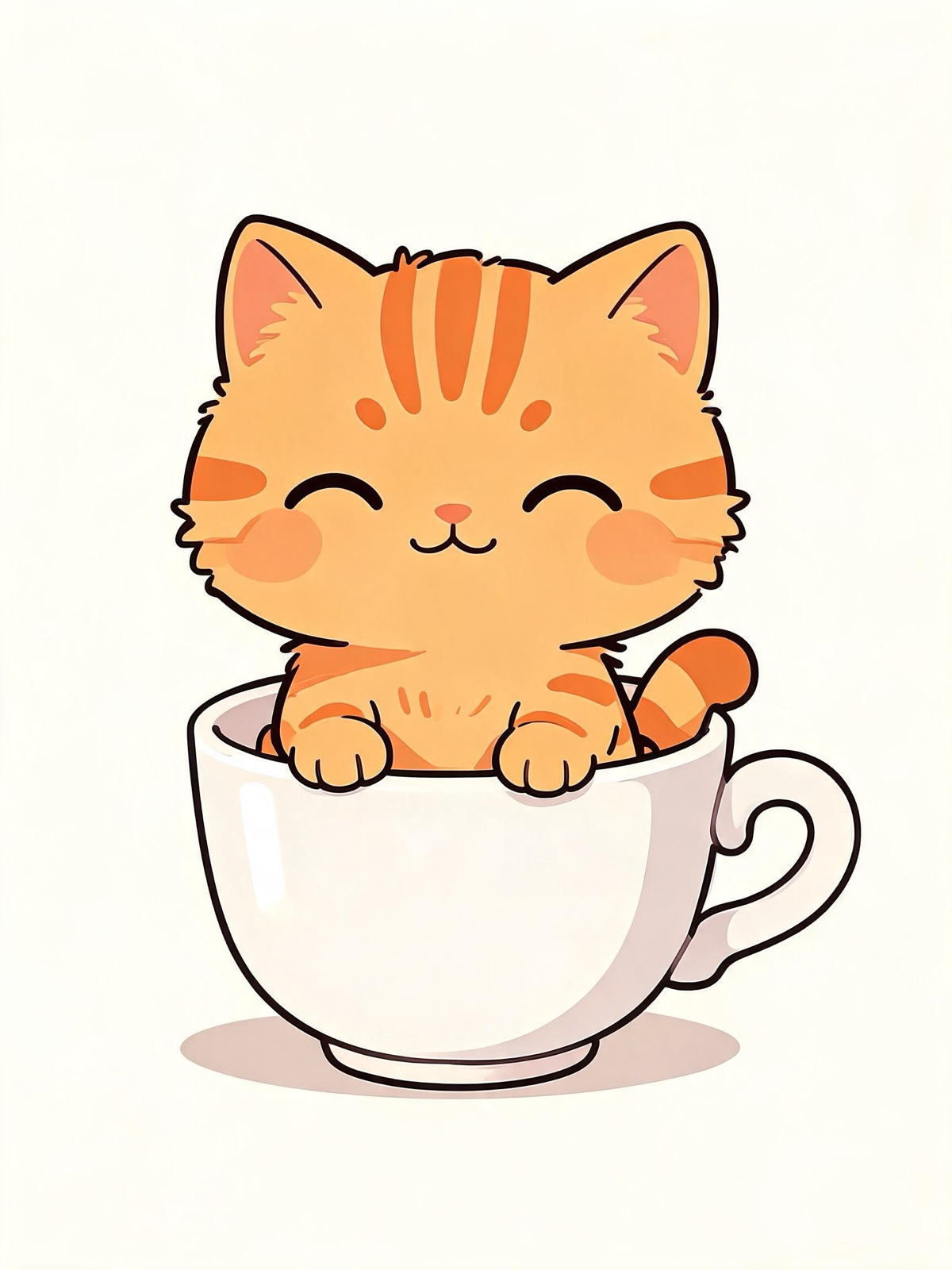 AI-generated chibi image: a chibi orange tabby cat with a round body sitting in a teacup