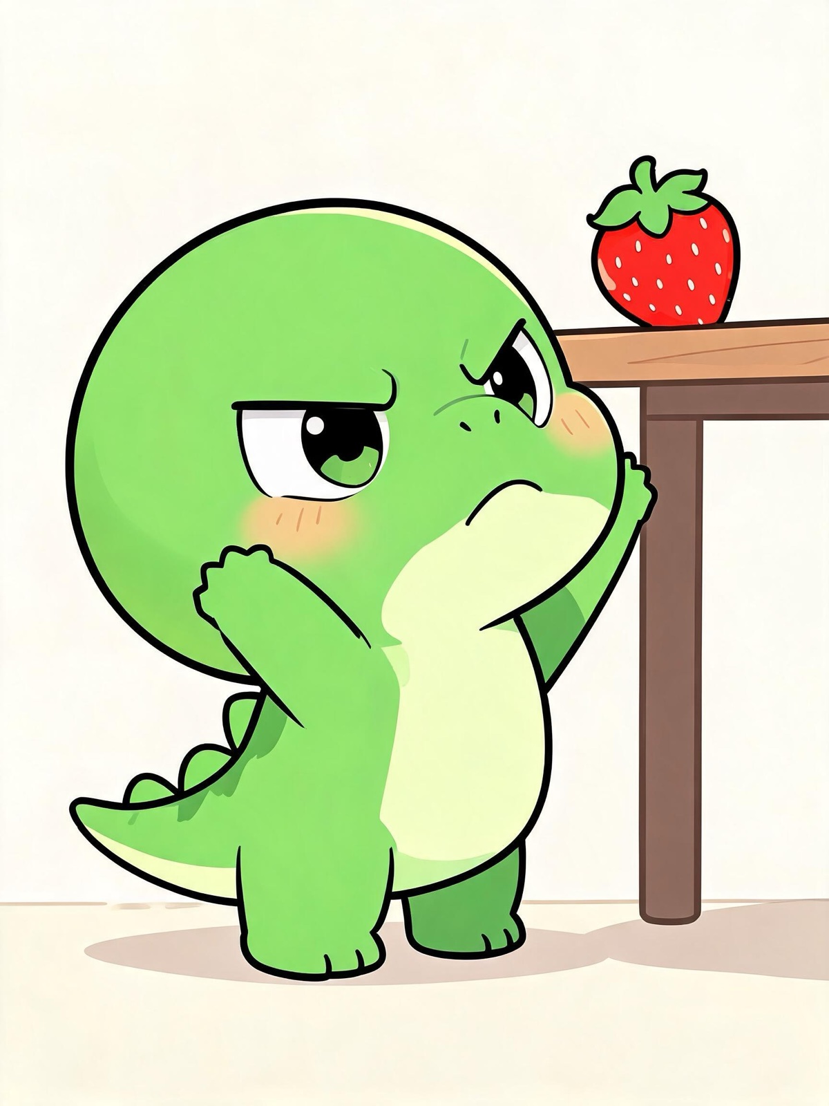 AI-generated chibi image: a chibi green dinosaur with tiny arms trying to reach a strawberry on a table