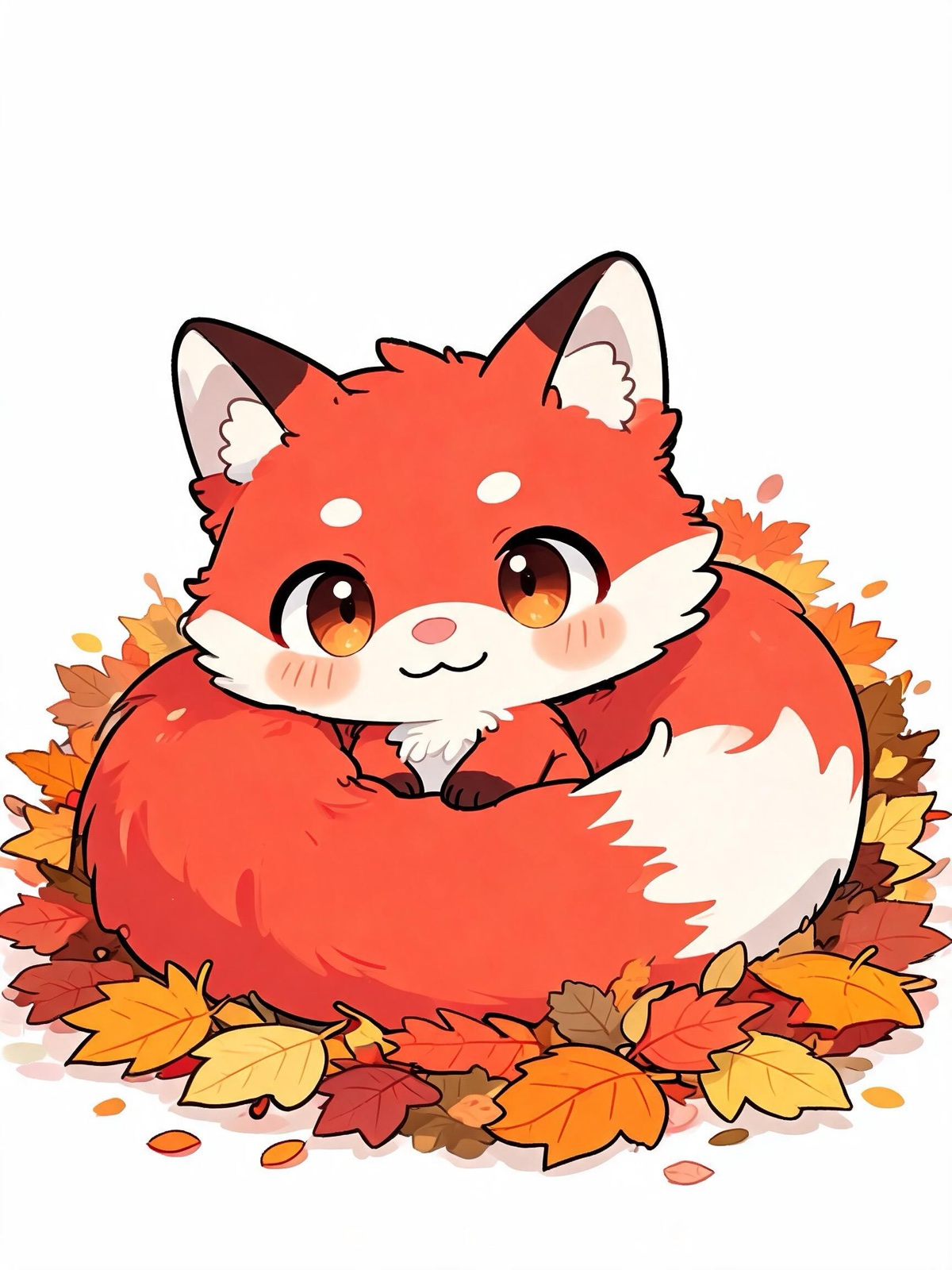 AI-generated chibi image: a chibi red fox with a huge fluffy tail curled around itself in a pile of autumn leaves