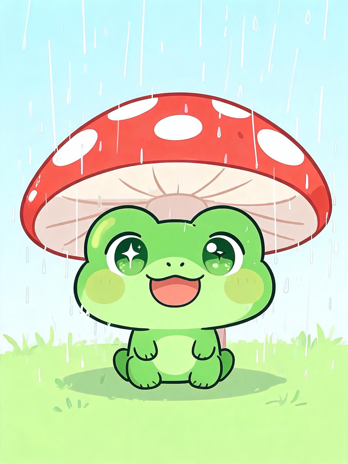 AI-generated chibi image: a chibi green frog sheltering under a mushroom umbrella in the rain