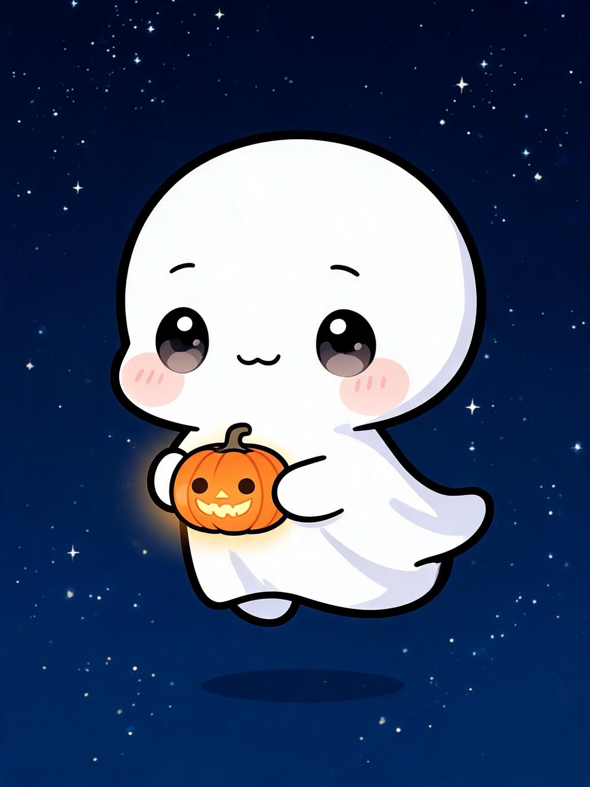 AI-generated chibi image: a chibi white ghost holding a small glowing pumpkin lantern