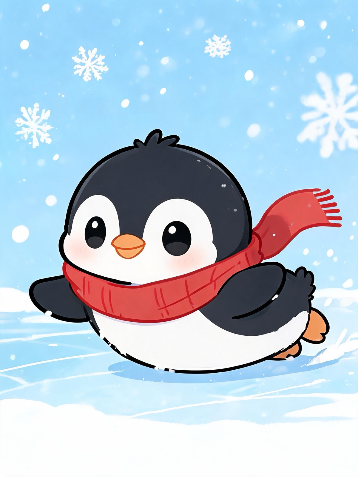 AI-generated chibi image: a chibi penguin wearing a red scarf sliding on its belly across ice