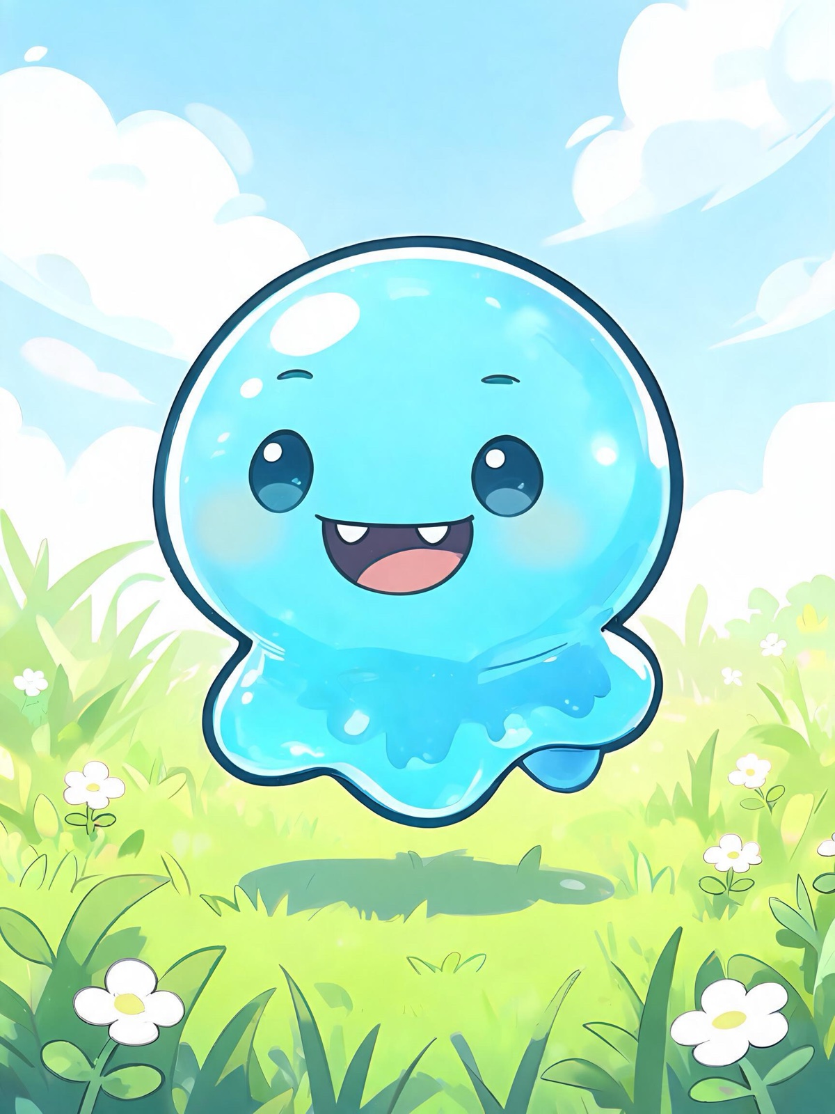 AI-generated chibi image: a chibi blue slime monster with a shiny jelly body and a big grin bouncing in a grassy field