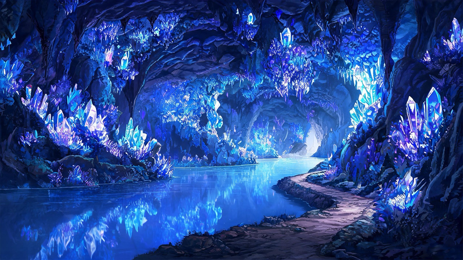 AI-generated anime background art image: a vast underground cave full of glowing blue and violet crystals