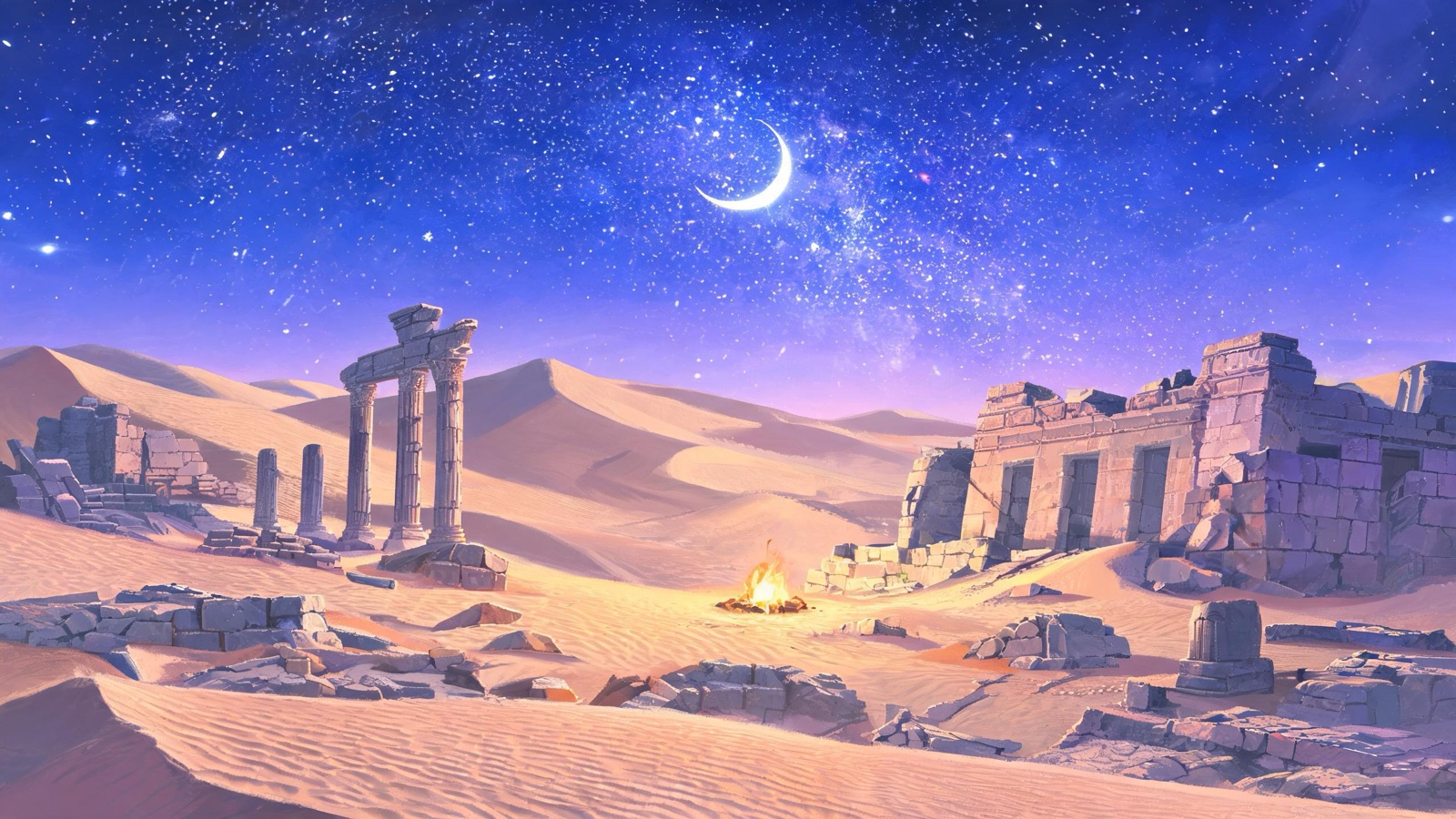 AI-generated anime background art image: ancient stone ruins half buried in sand dunes under a starry sky