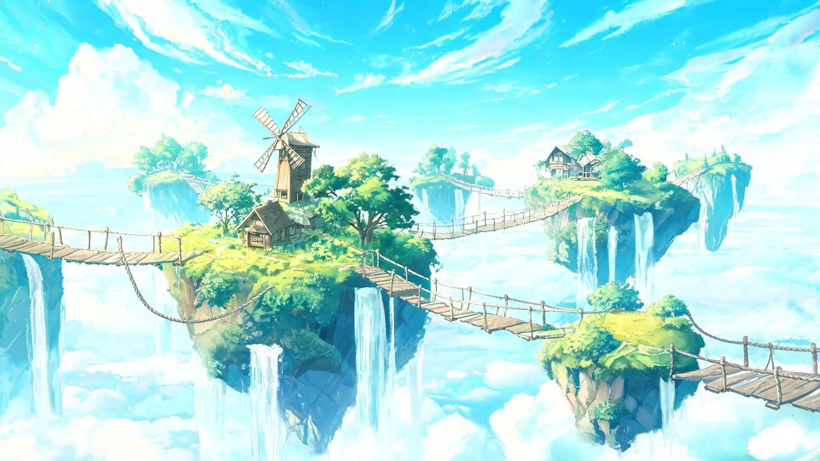 AI-generated anime background art image: floating islands with waterfalls pouring into the clouds