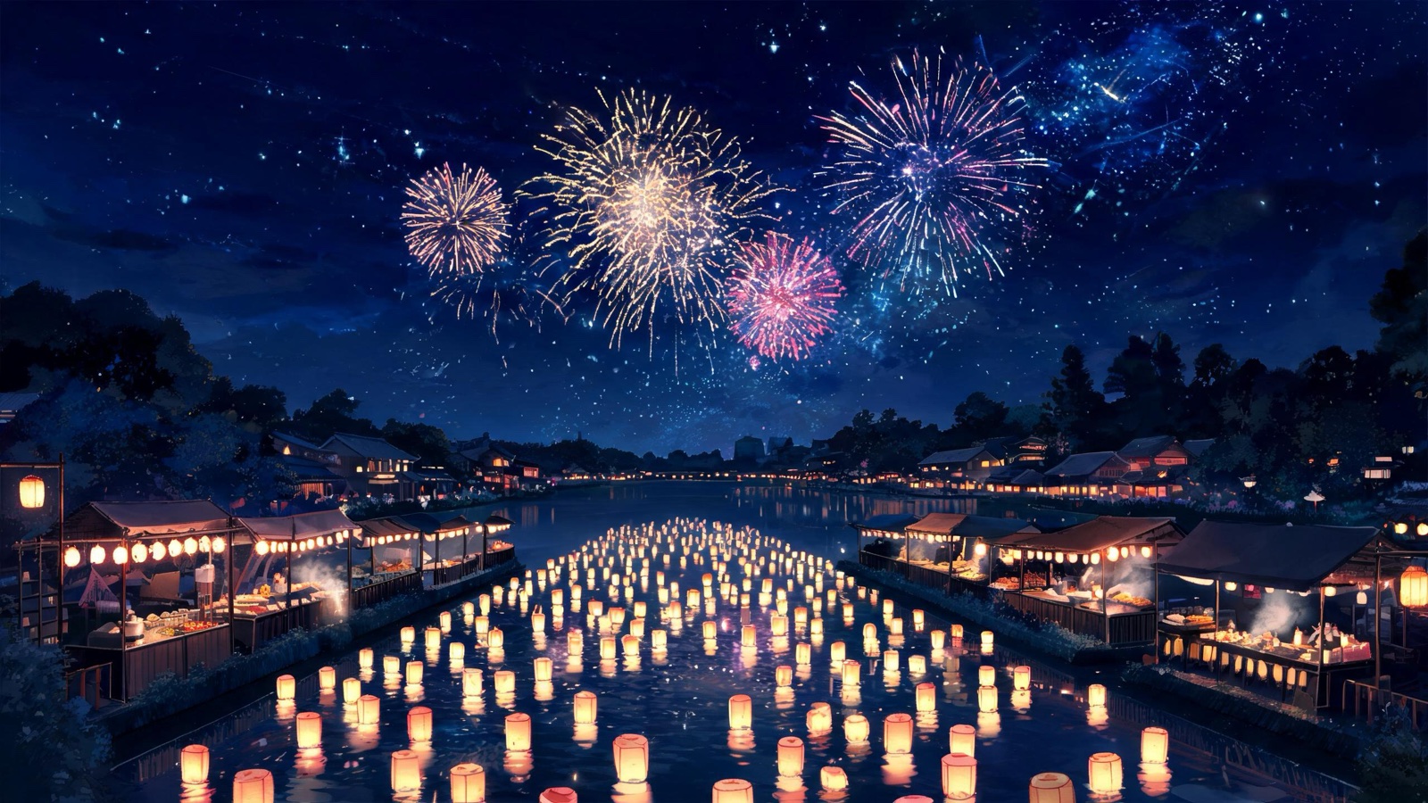 AI-generated anime background art image: hundreds of paper lanterns floating on a dark river at a summer night festival
