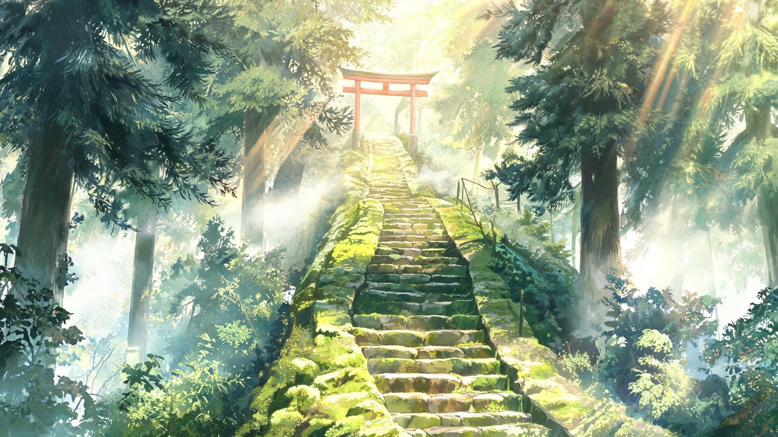 AI-generated painted anime film image: a mossy stone stair path through a dense cedar forest leading to a small shrine gate