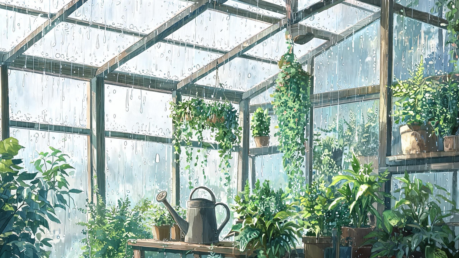 AI-generated painted anime film image: an old glass greenhouse full of plants during gentle rain