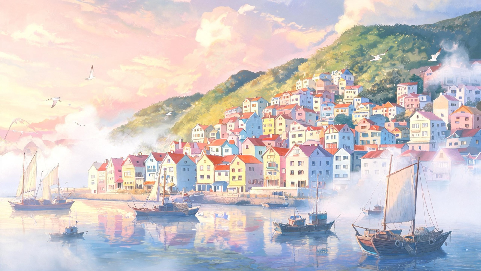 AI-generated painted anime film image: a hillside harbour town in early morning