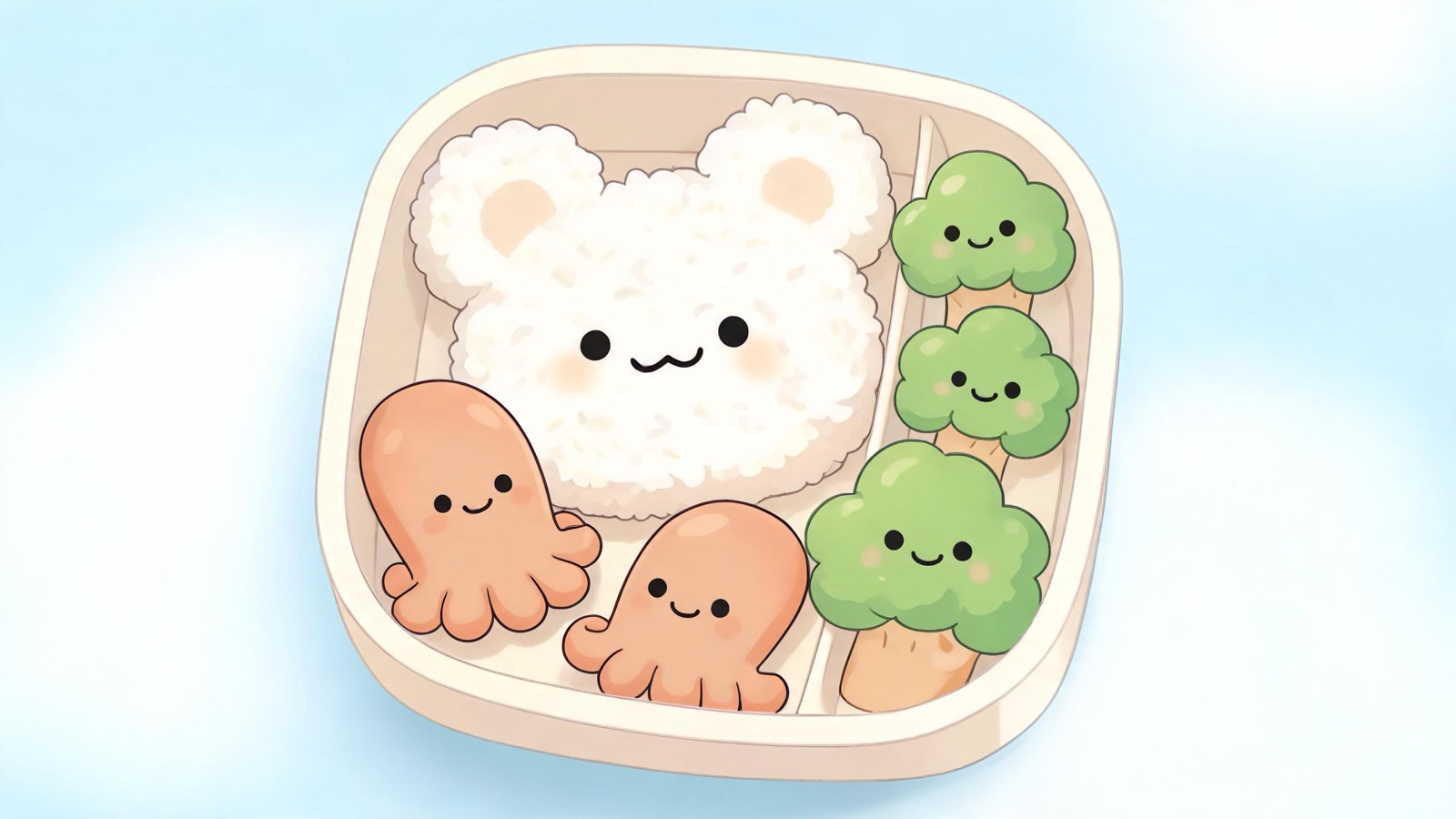 AI-generated kawaii image: a kawaii bento box seen from above