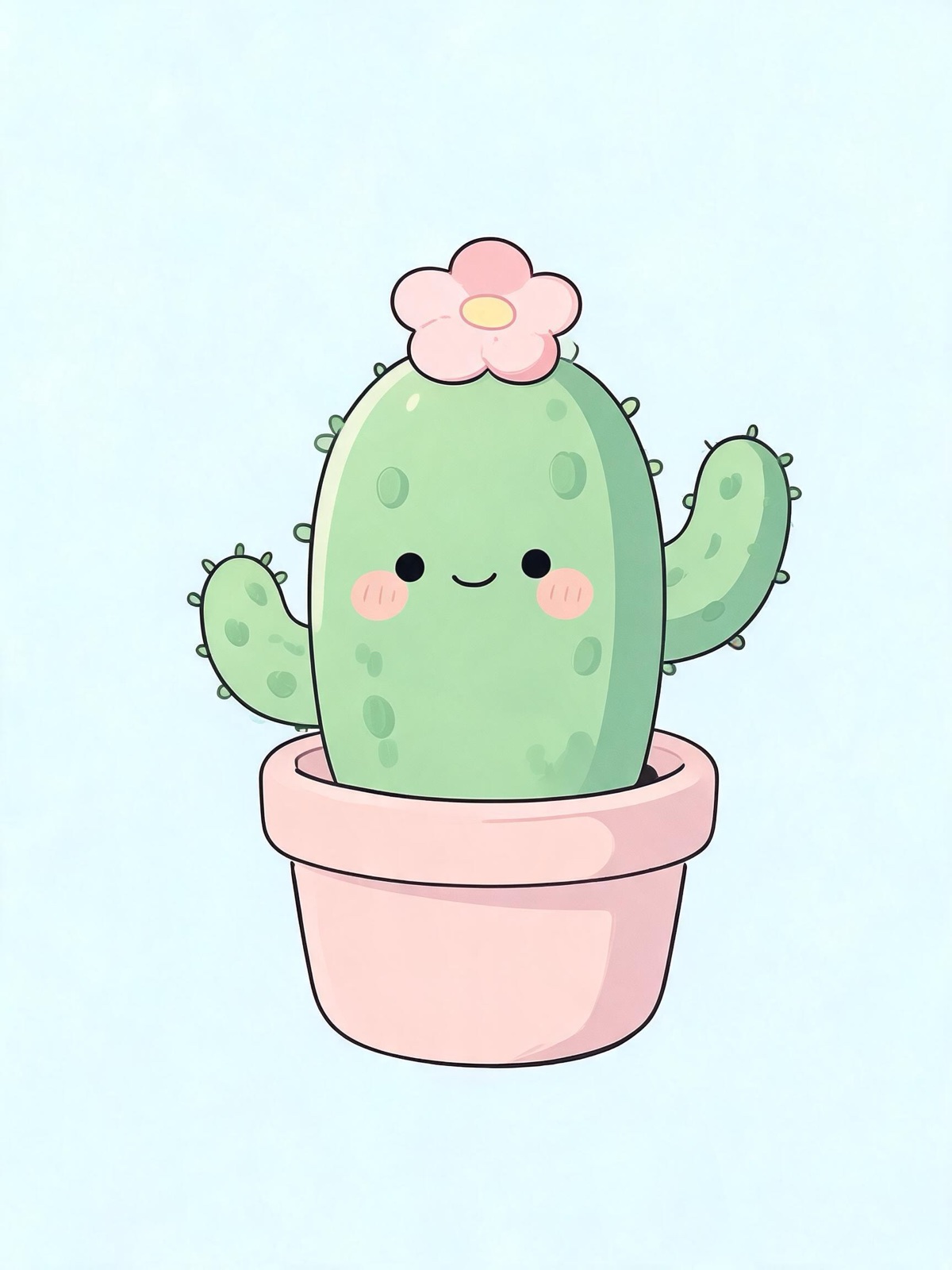 AI-generated kawaii image: a kawaii round cactus in a small pot with a pink flower on its head and a shy smile