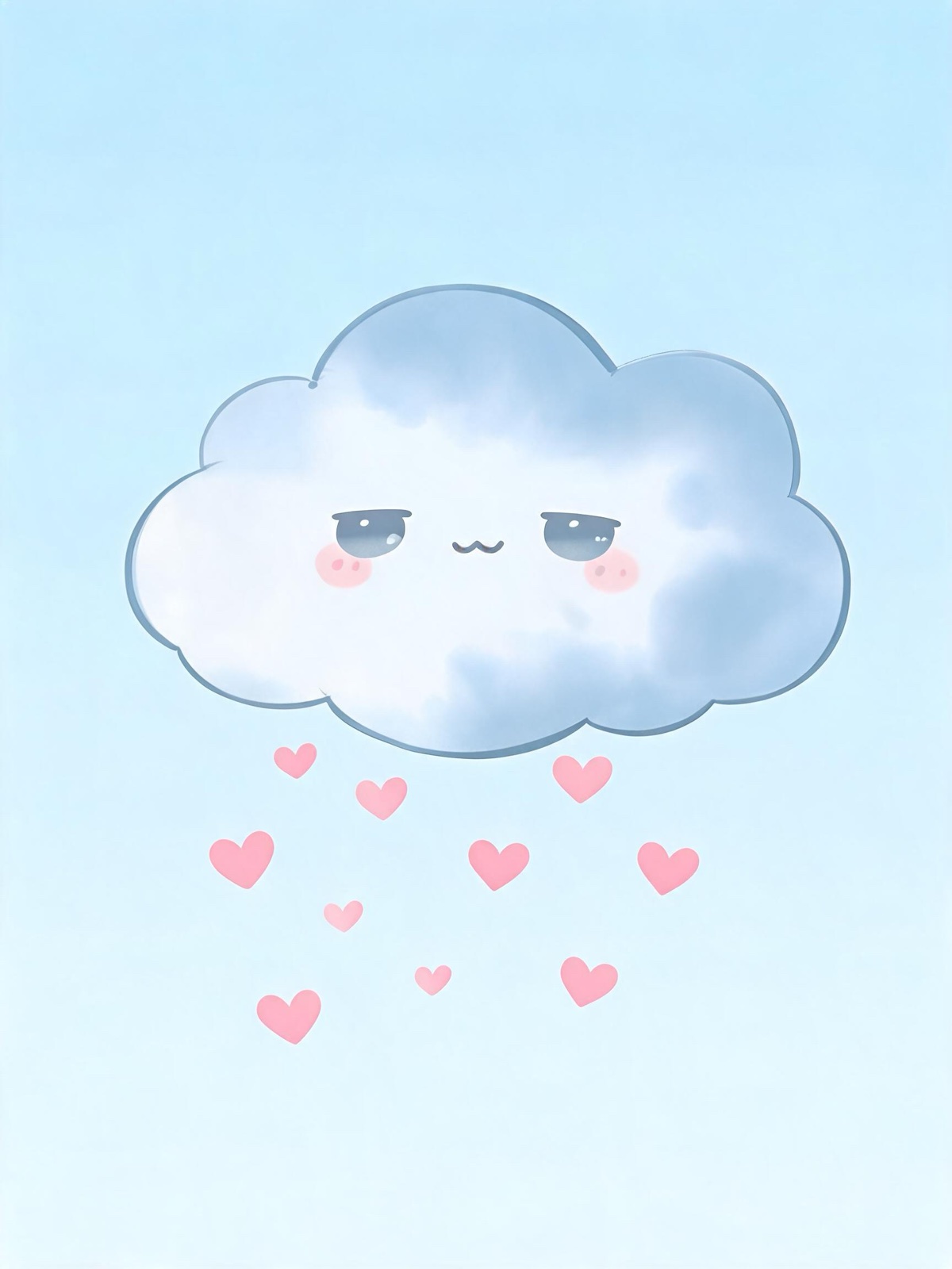 AI-generated kawaii image: a kawaii fluffy rain cloud with a sleepy face dropping tiny heart-shaped raindrops