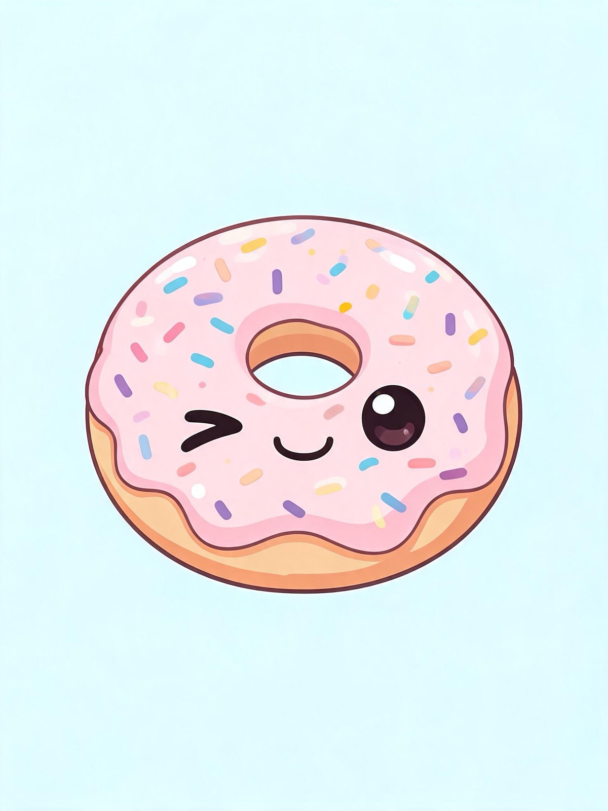 AI-generated kawaii image: a kawaii pink frosted donut with rainbow sprinkles and a winking face