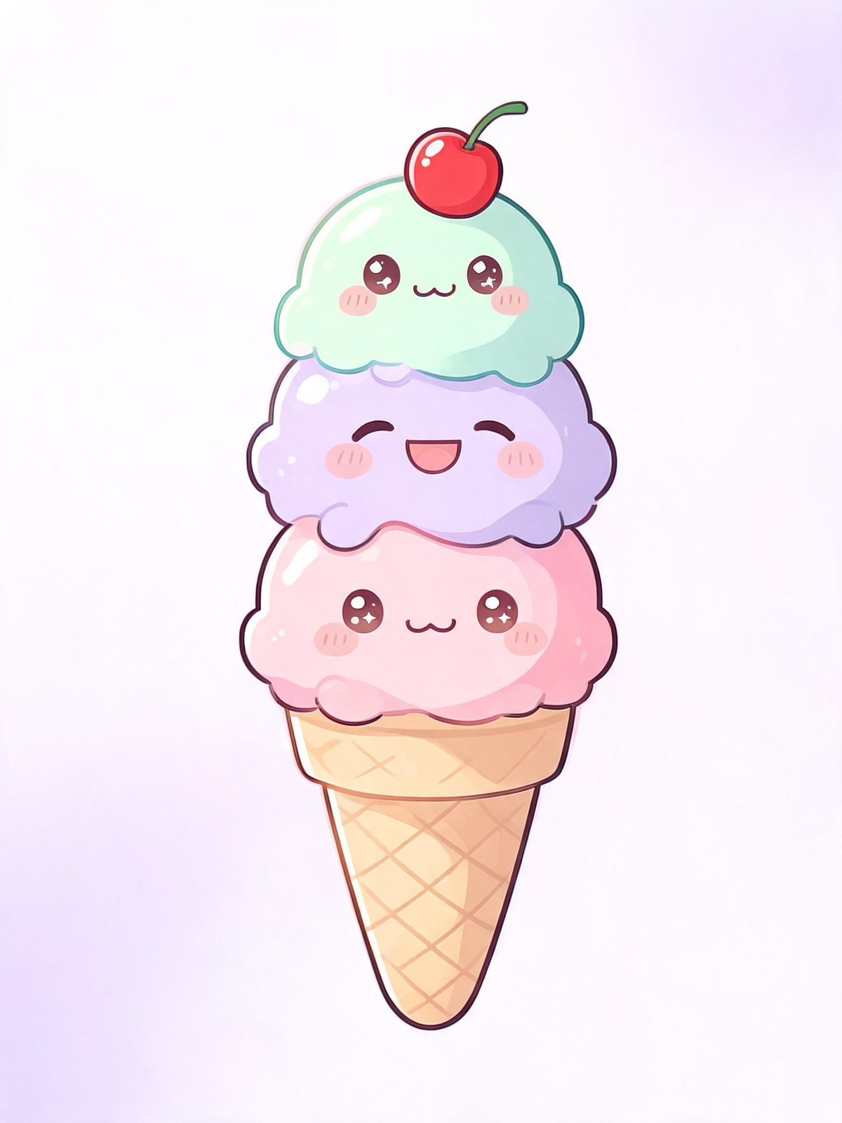 AI-generated kawaii image: a kawaii ice cream cone with three pastel scoops