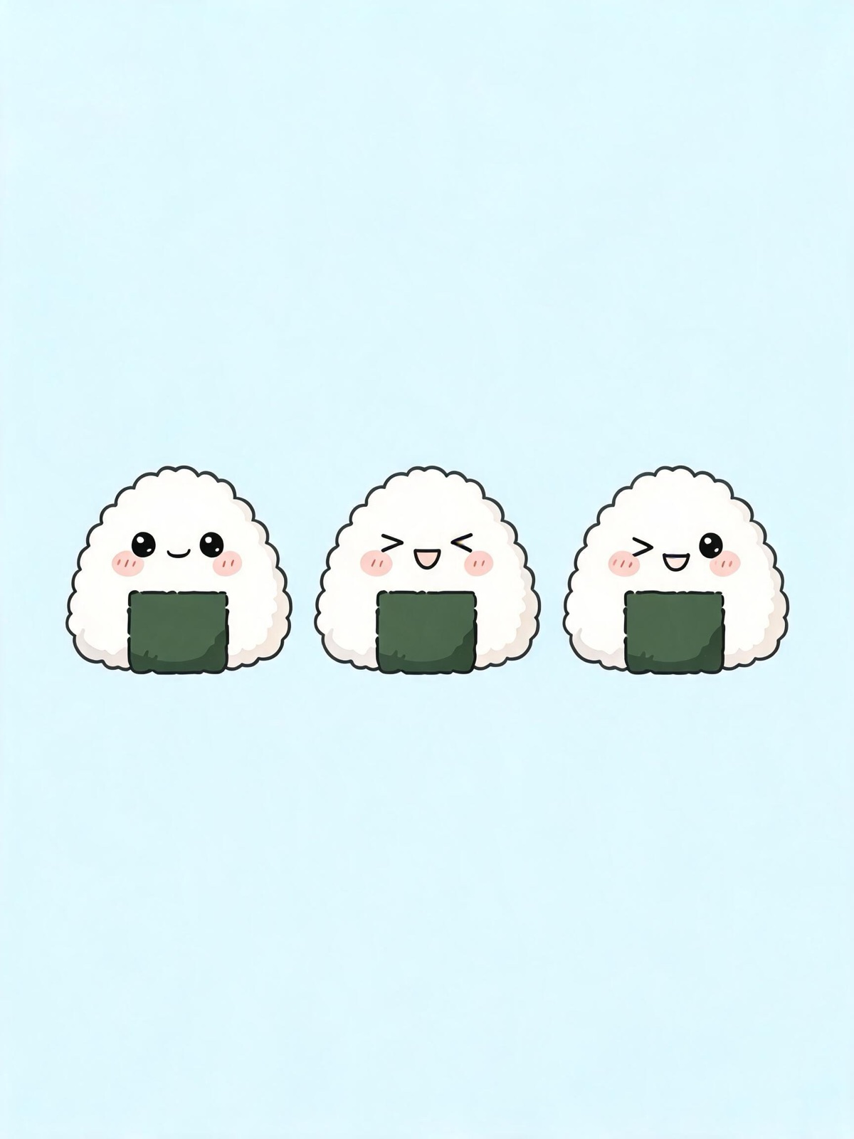 AI-generated kawaii image: three kawaii onigiri rice balls with nori wraps and different happy faces