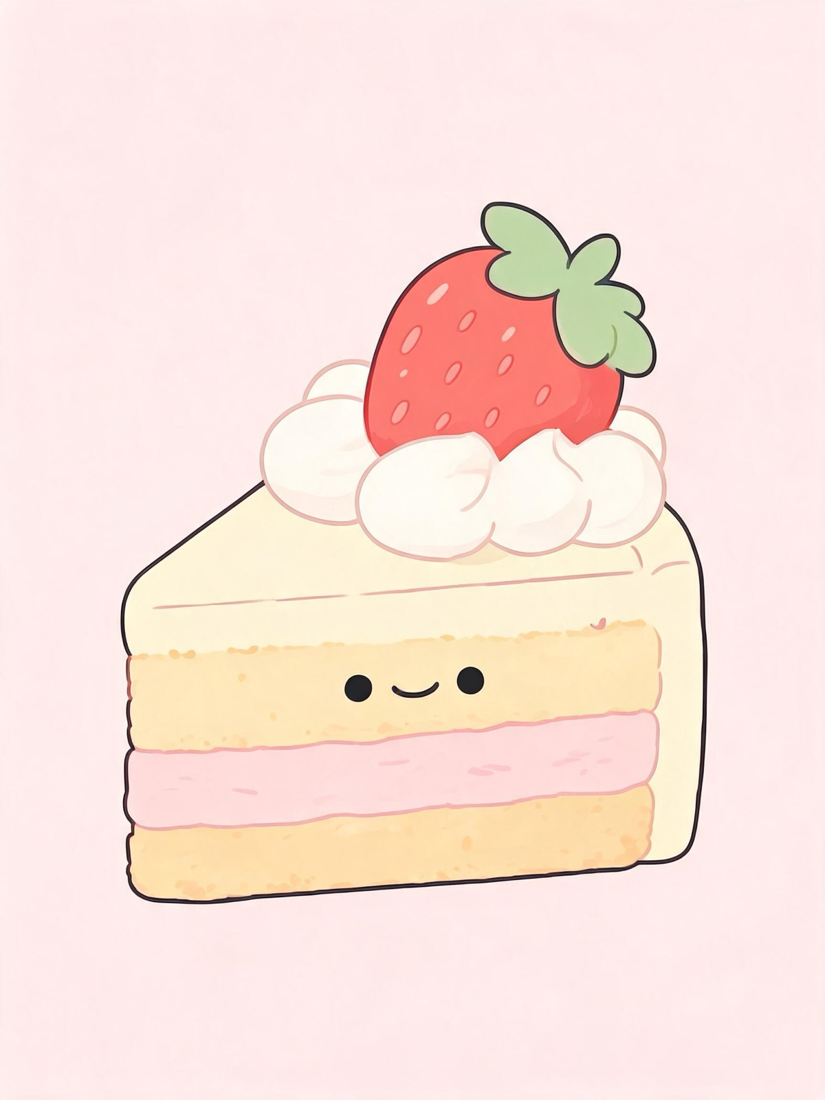 AI-generated kawaii image: a kawaii slice of strawberry shortcake with a smiling face