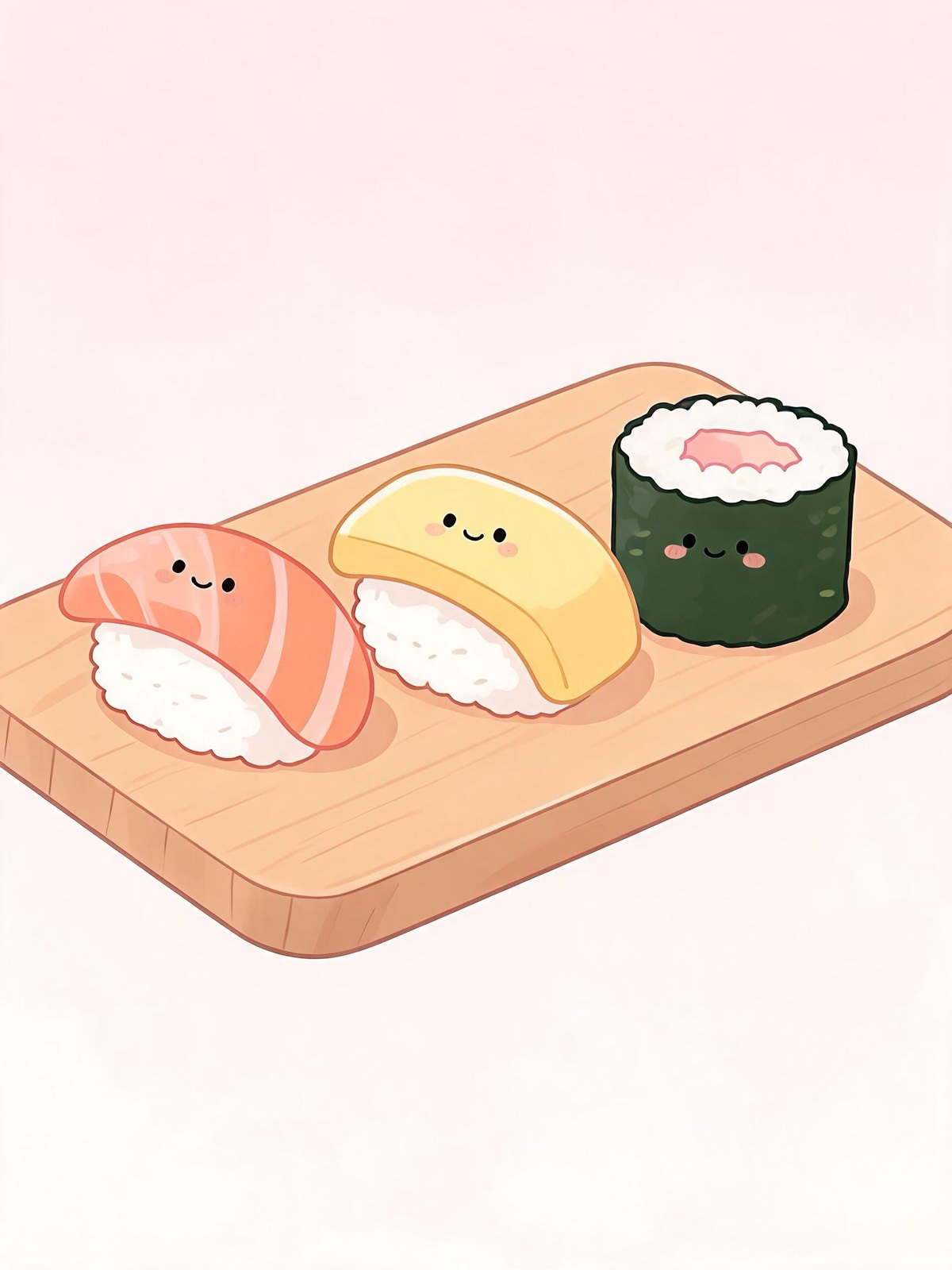 AI-generated kawaii image: three kawaii sushi pieces — salmon nigiri