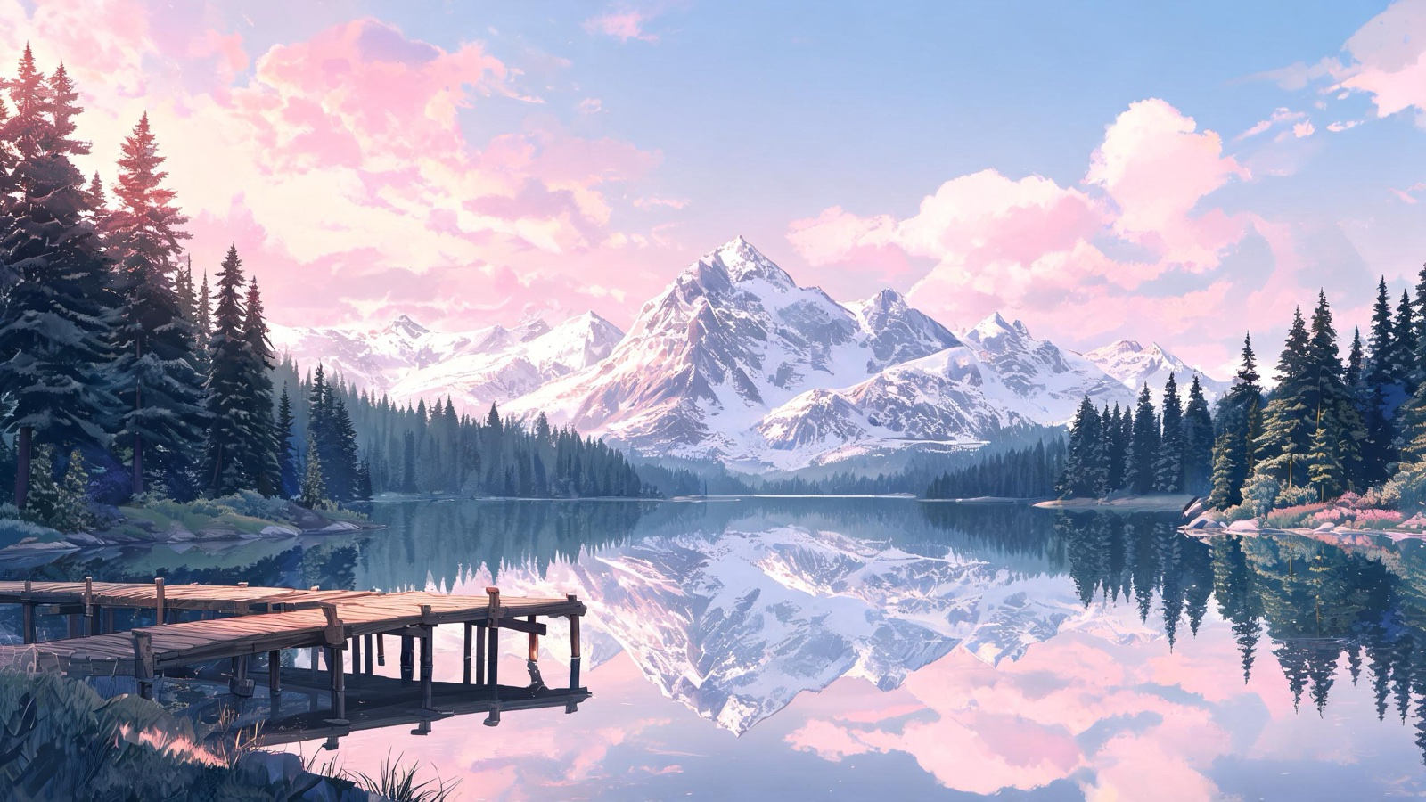 AI-generated anime background art image: a mirror-still alpine lake reflecting snow-capped mountains at dawn