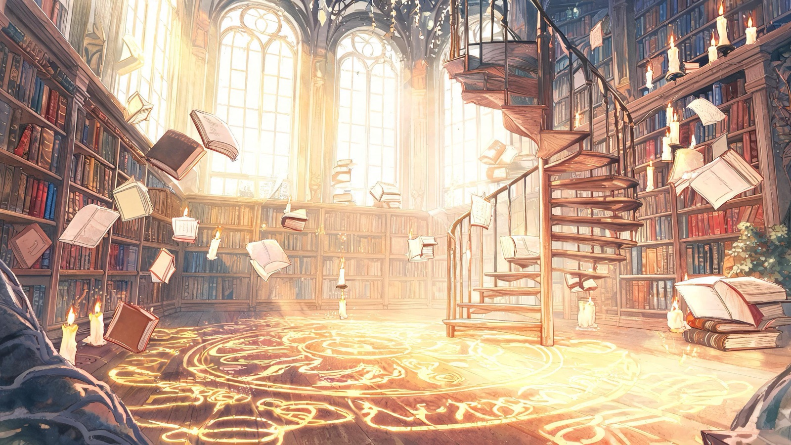 AI-generated painted anime film image: an enchanted library where books fly between shelves