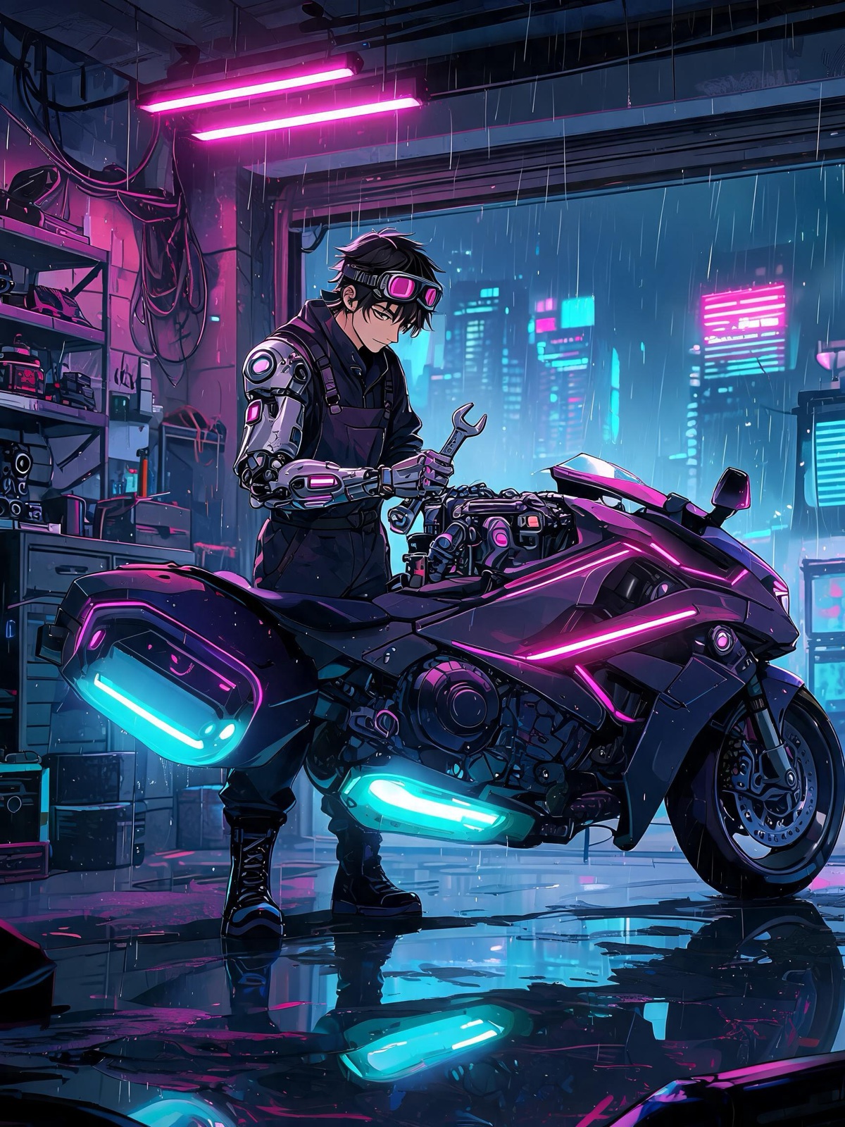 AI-generated cyberpunk anime image: a confident mechanic with a cybernetic arm and welding goggles working on a hover bike in a cluttered neon-lit garage