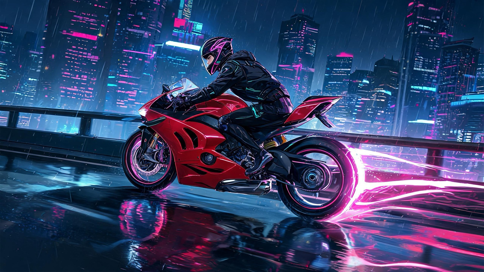 AI-generated cyberpunk anime image: a rider on a sleek red motorbike leaving light trails on an elevated neon highway at night
