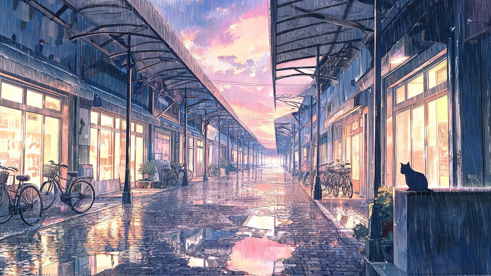 AI-generated anime background art image: a covered shopping street on a rainy evening