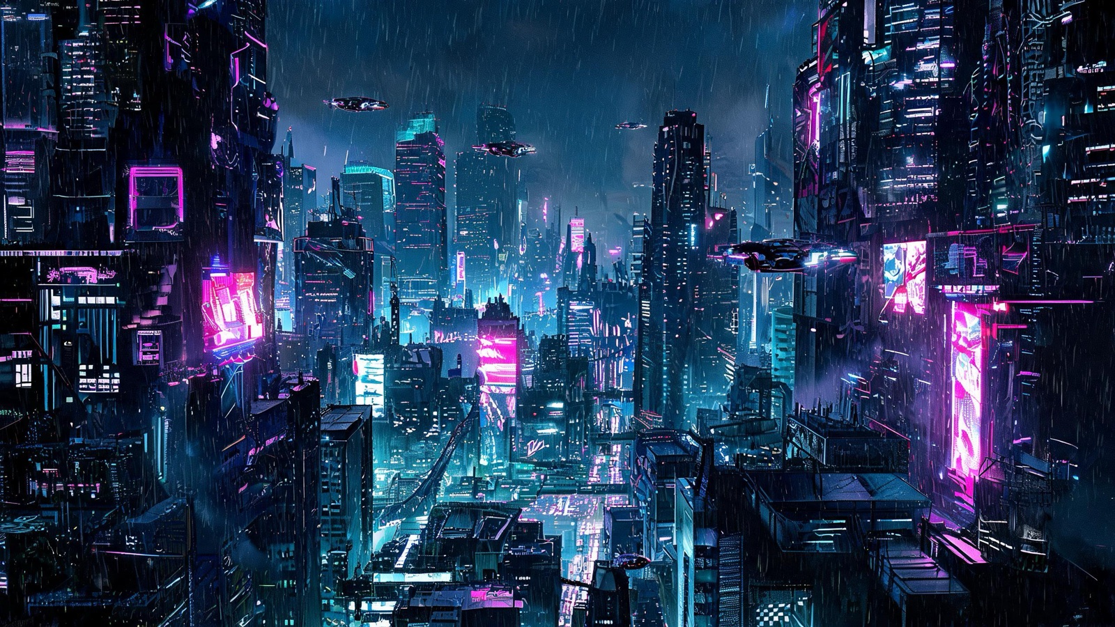 AI-generated cyberpunk anime image: a towering neon megacity at night seen from above