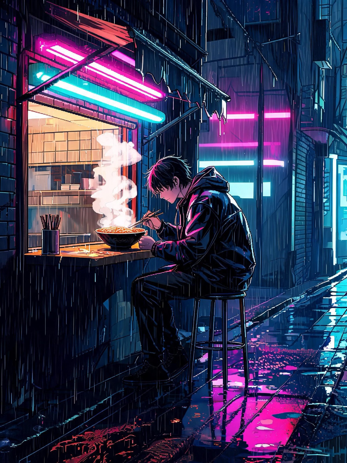 AI-generated cyberpunk anime image: a tiny neon-lit noodle bar in a rainy alley