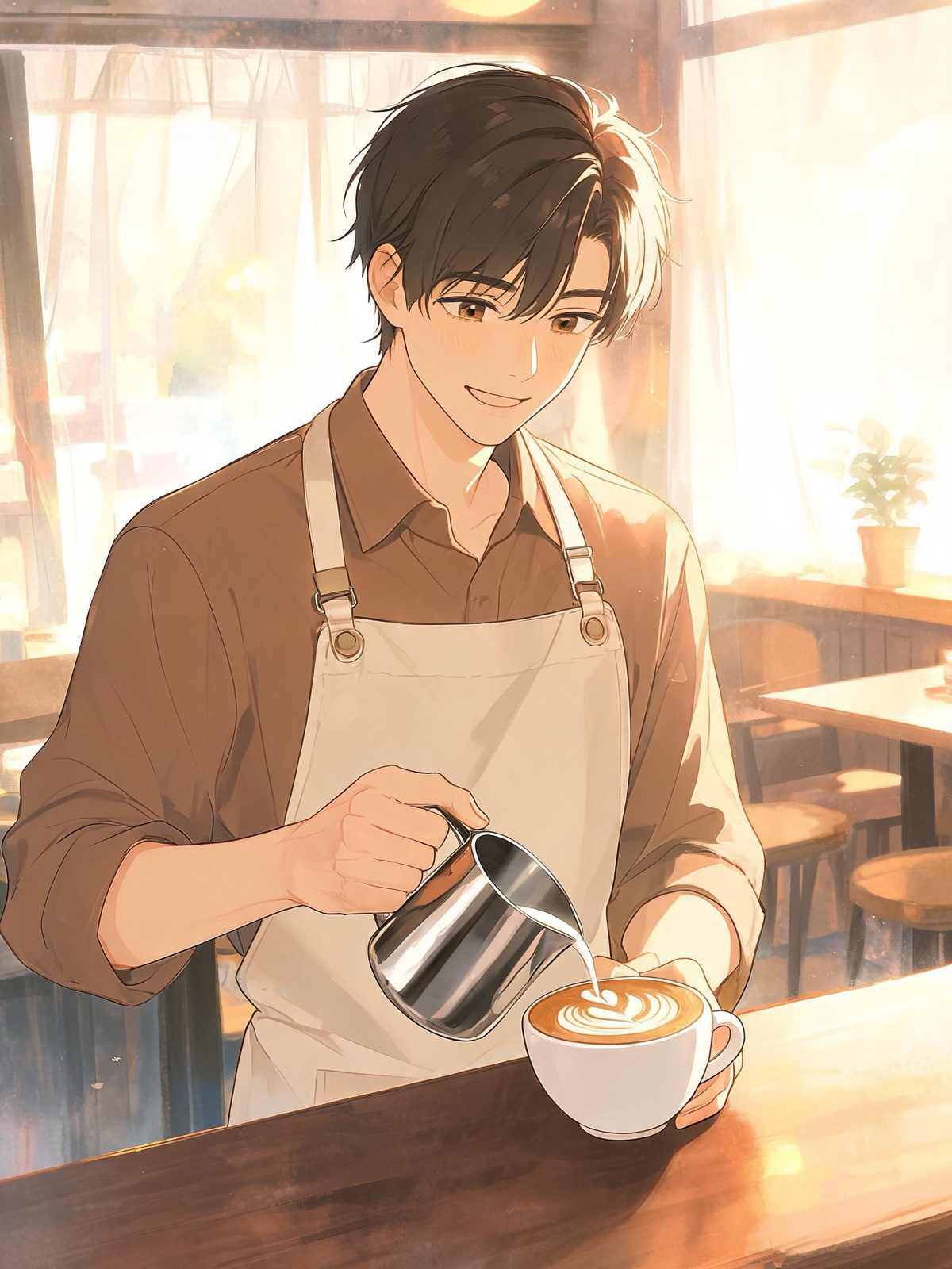 AI-generated painted anime film image: a portrait of a cheerful barista in his late twenties with an apron pouring latte art