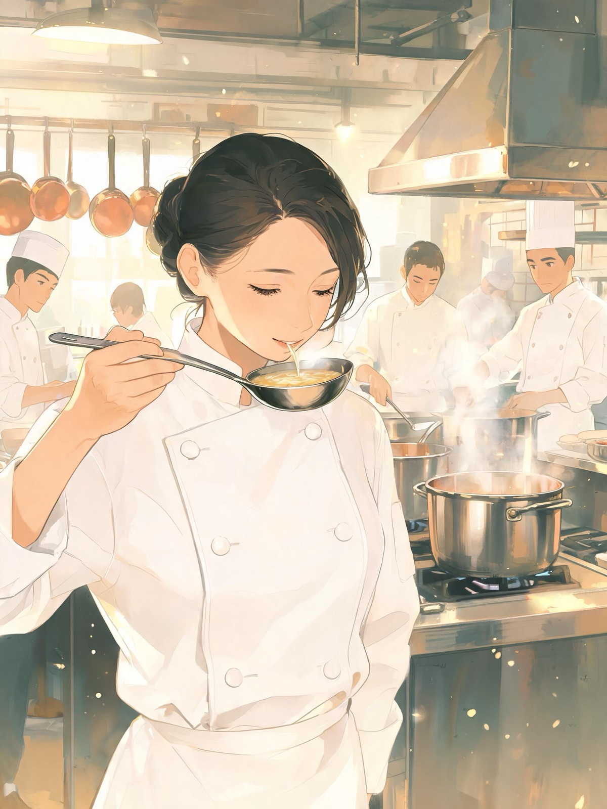AI-generated painted anime film image: a portrait of a chef in her thirties in a white jacket tasting soup from a ladle in a busy kitchen