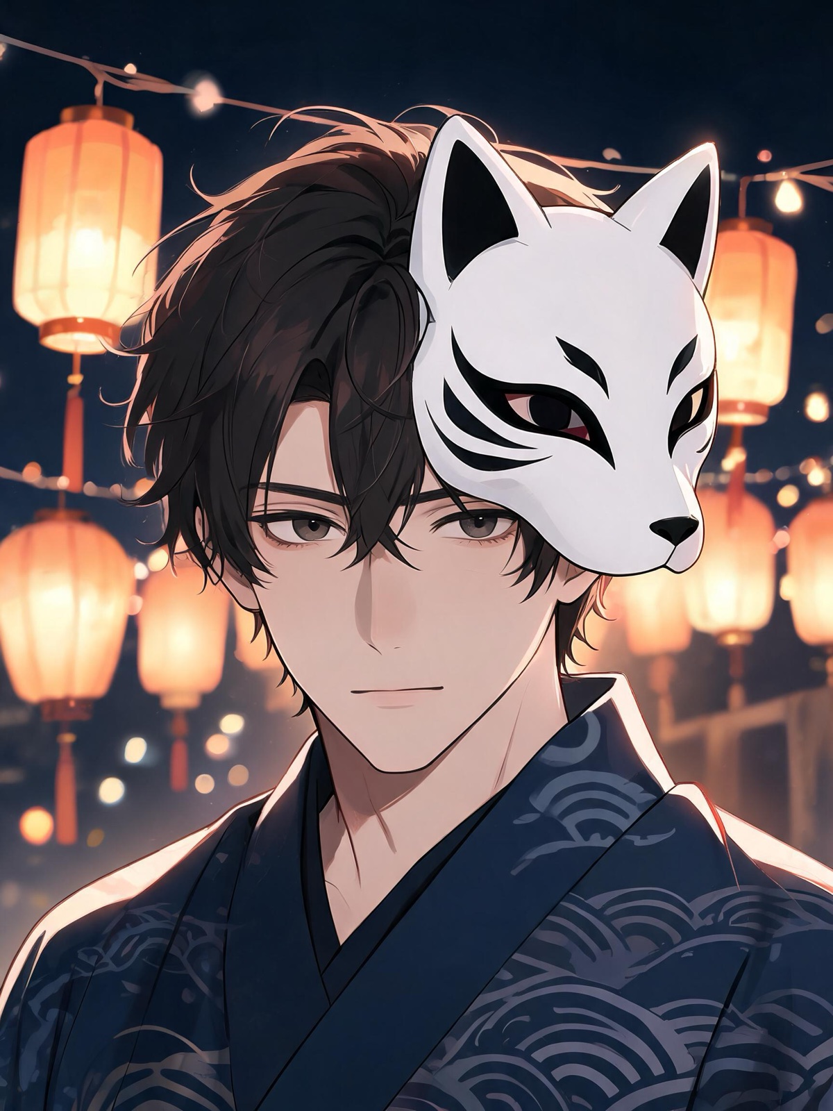 AI-generated modern key visual image: a portrait of a man in his late twenties wearing a white fox mask pushed to the side of his head