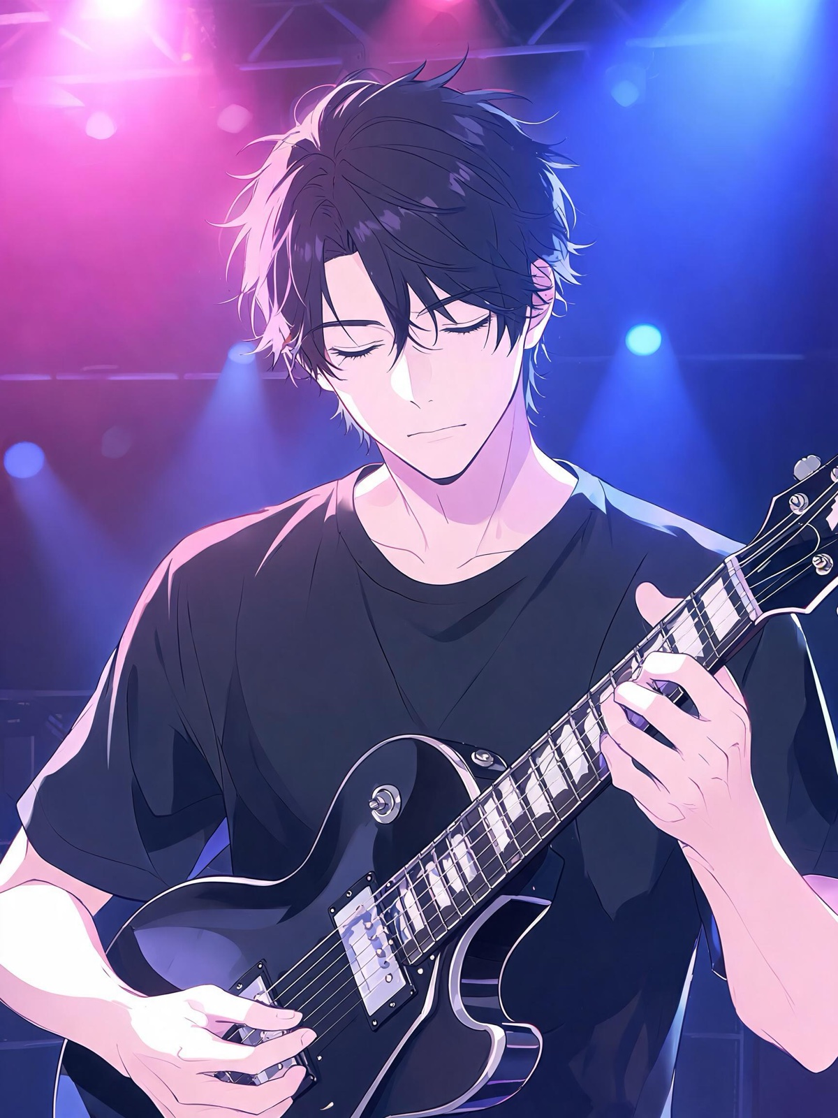AI-generated modern key visual image: a portrait of a guitarist in his late twenties playing an electric guitar on a small stage
