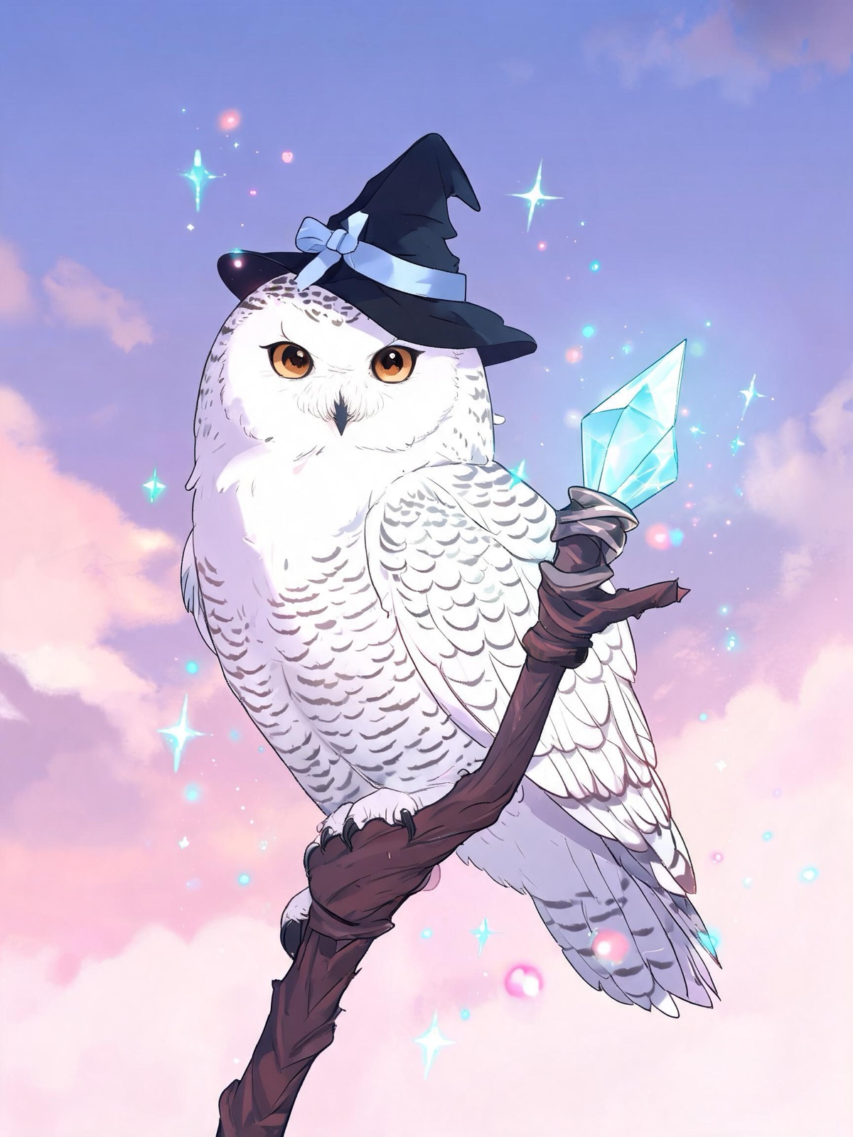 AI-generated modern key visual image: a snowy owl wearing a small wizard hat perched on a staff